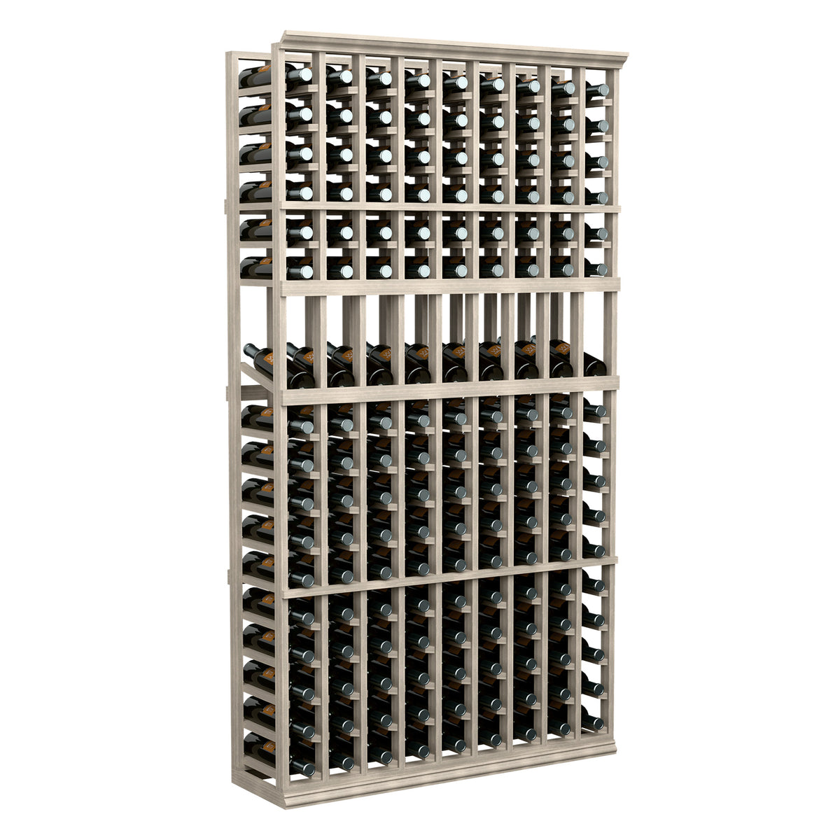 Light wood 9-column wine bottle display rack with multiple rows of bottles