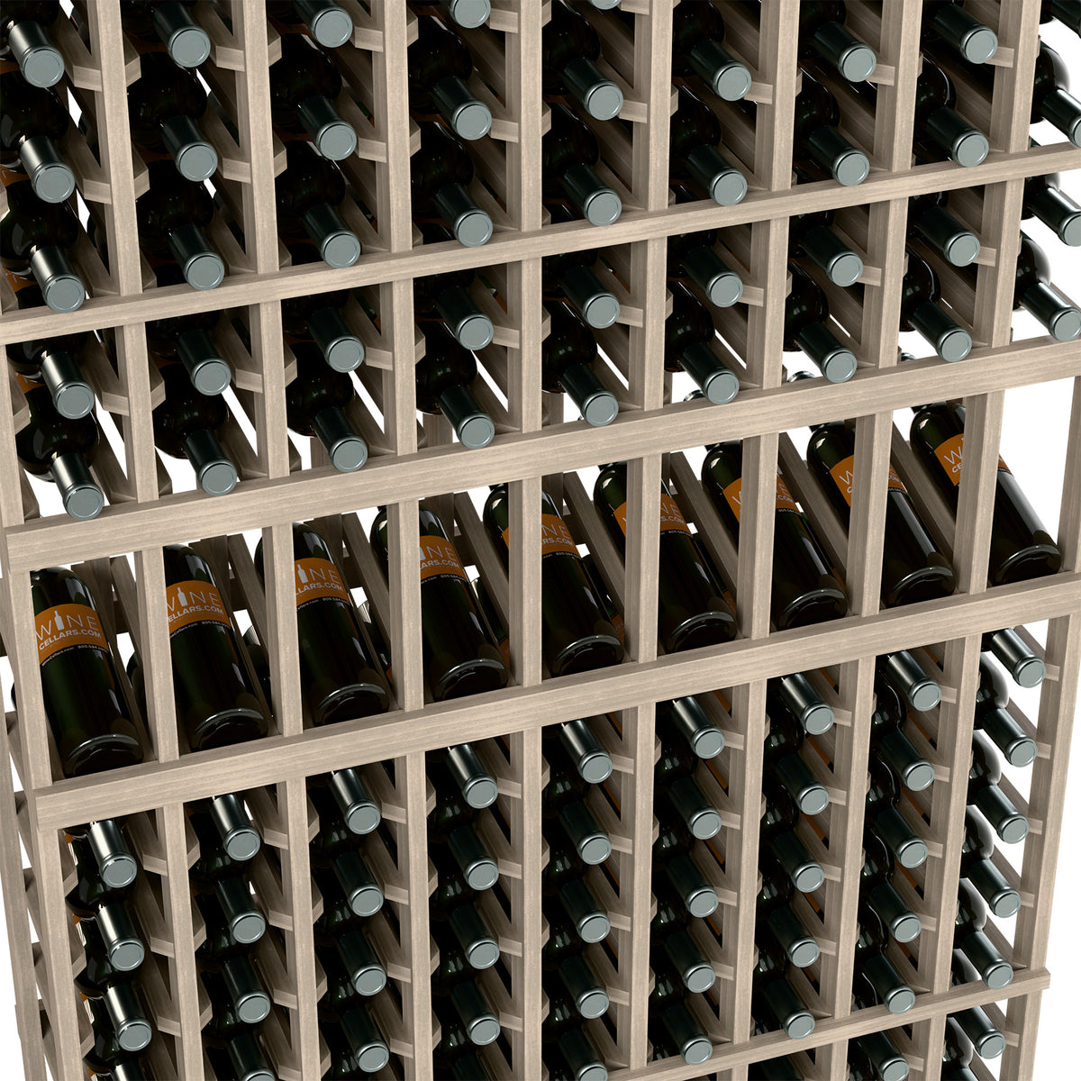 Close-up of light wood wine bottle rack with angled rows and bottle caps
