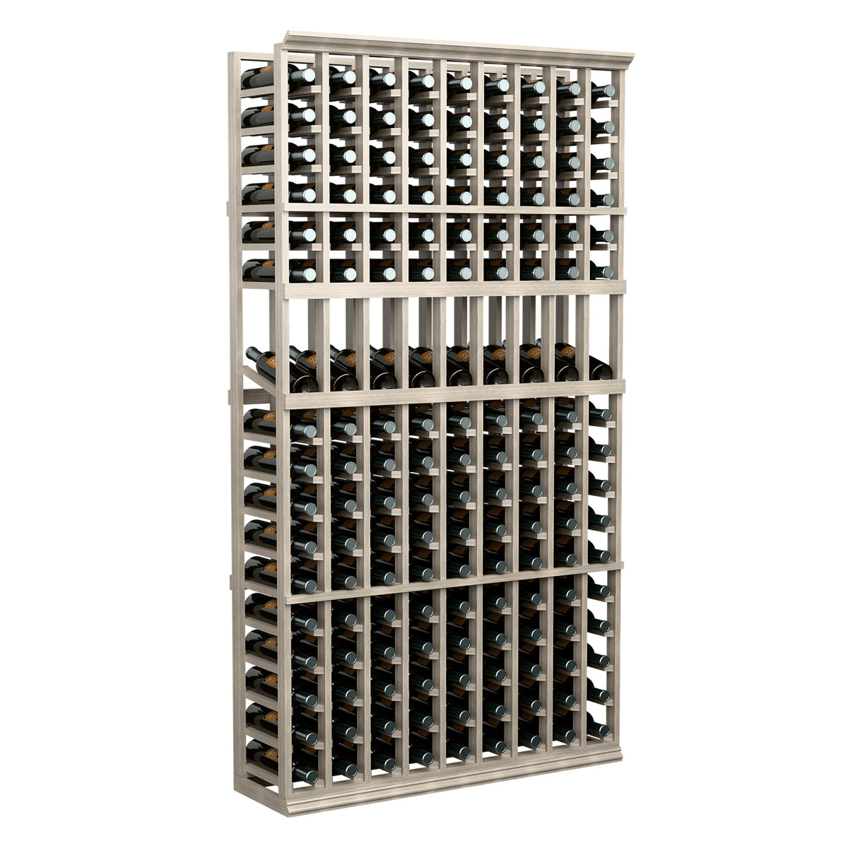 Front view of light wood 9-column wine bottle display rack with bottle rows