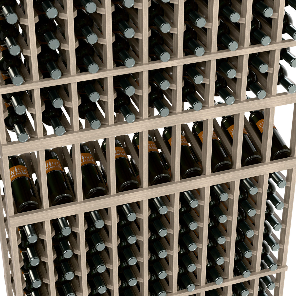 Close-up of light wood wine bottle rack showing bottle necks in grid slots