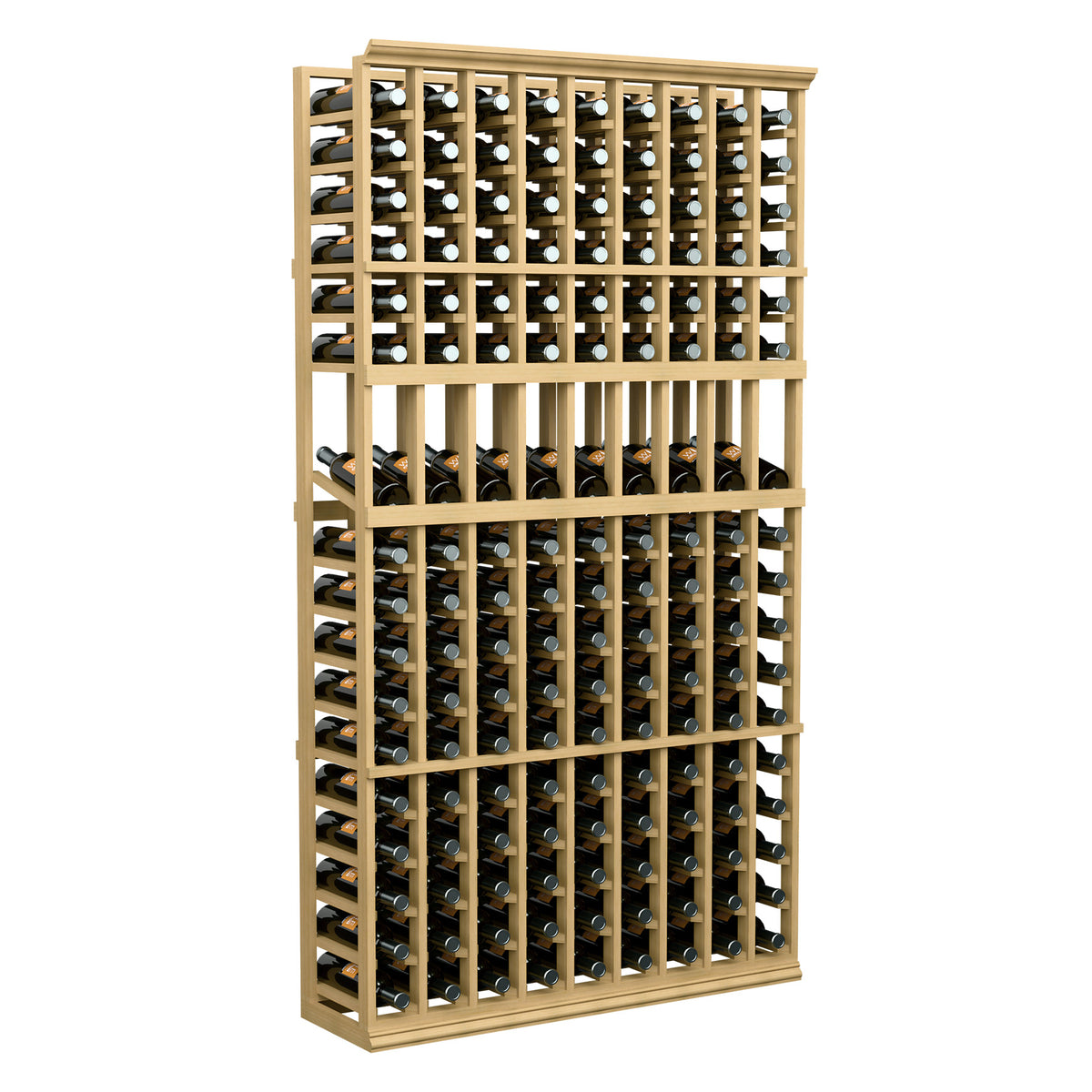 Tall light wood 9-column wine bottle display rack with organized bottle compartments