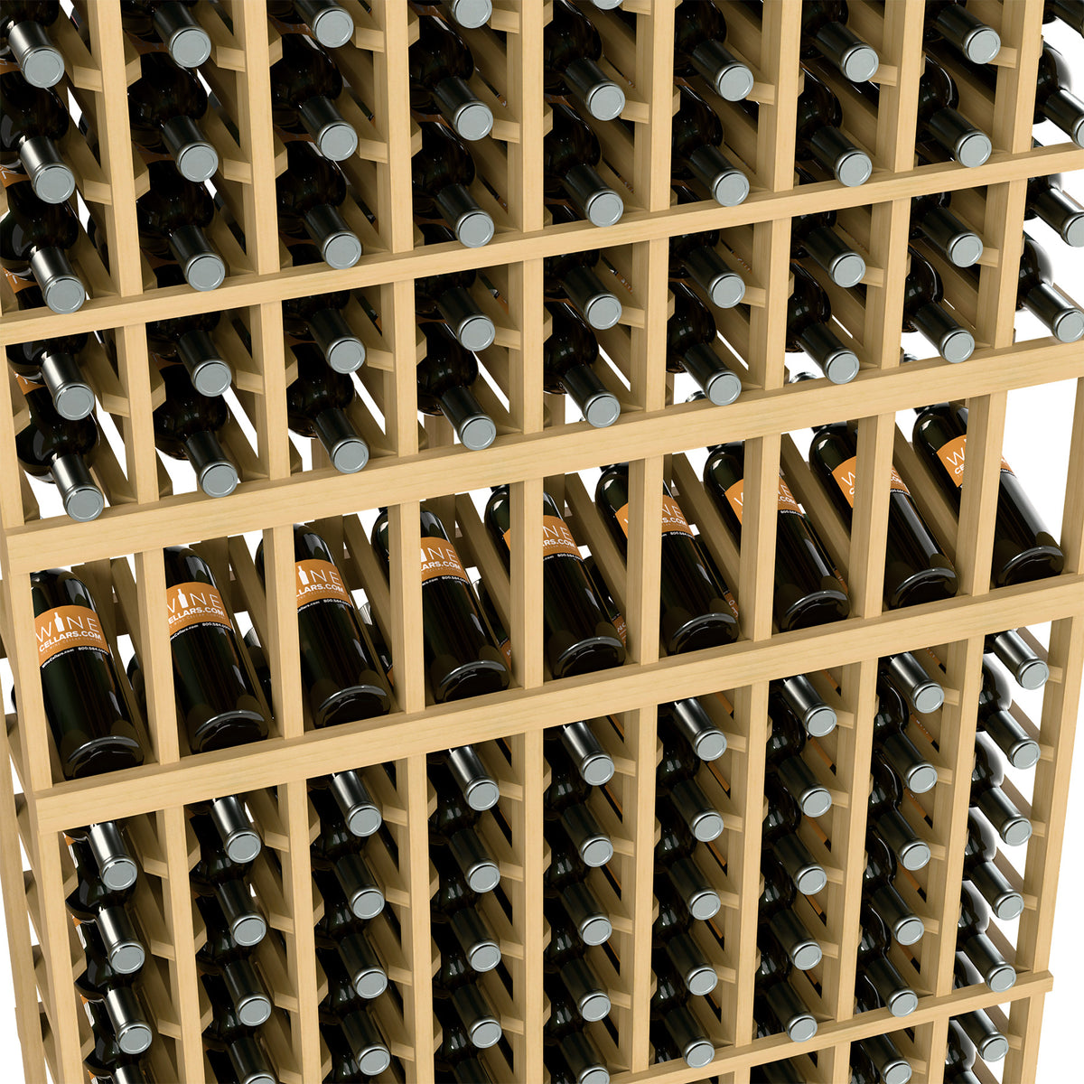 Close-up of light wood wine bottle rack with bottle caps and wooden dividers