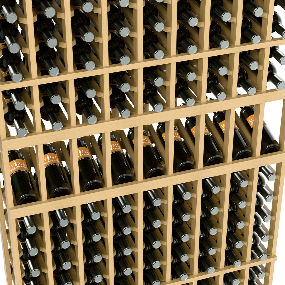 Close-up of light wood wine bottle rack with bottles stored on angled supports
