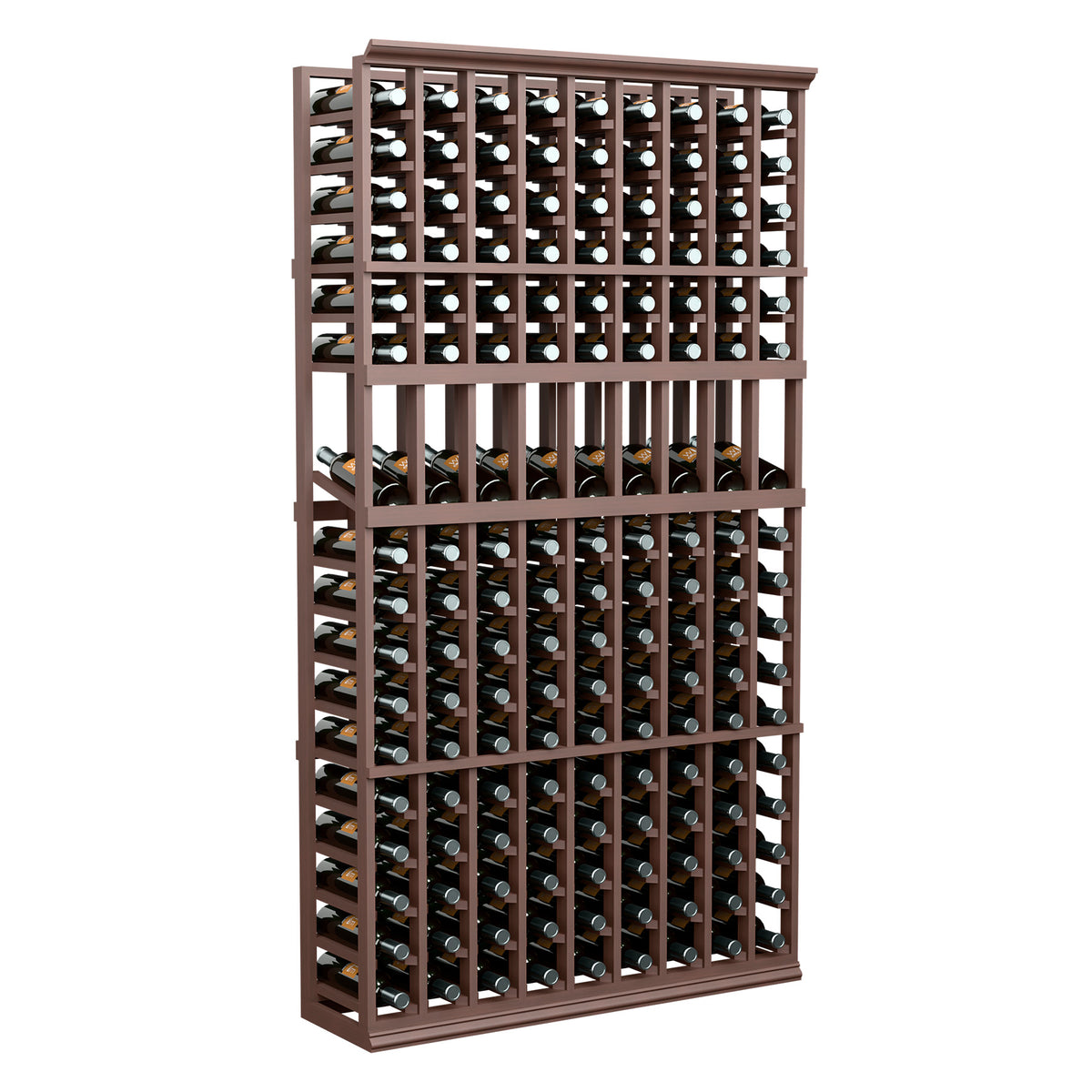Dark wood 9-column wine bottle display rack with neatly arranged bottle rows