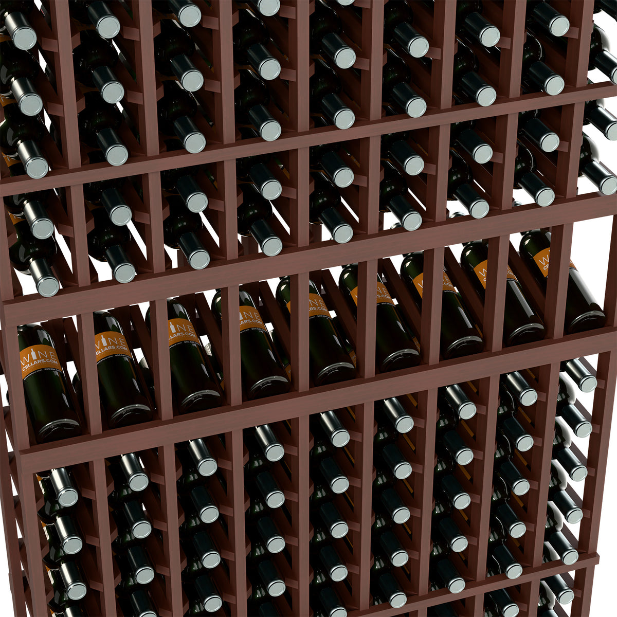 Close-up of dark wood wine bottle rack showing bottle necks in grid slots