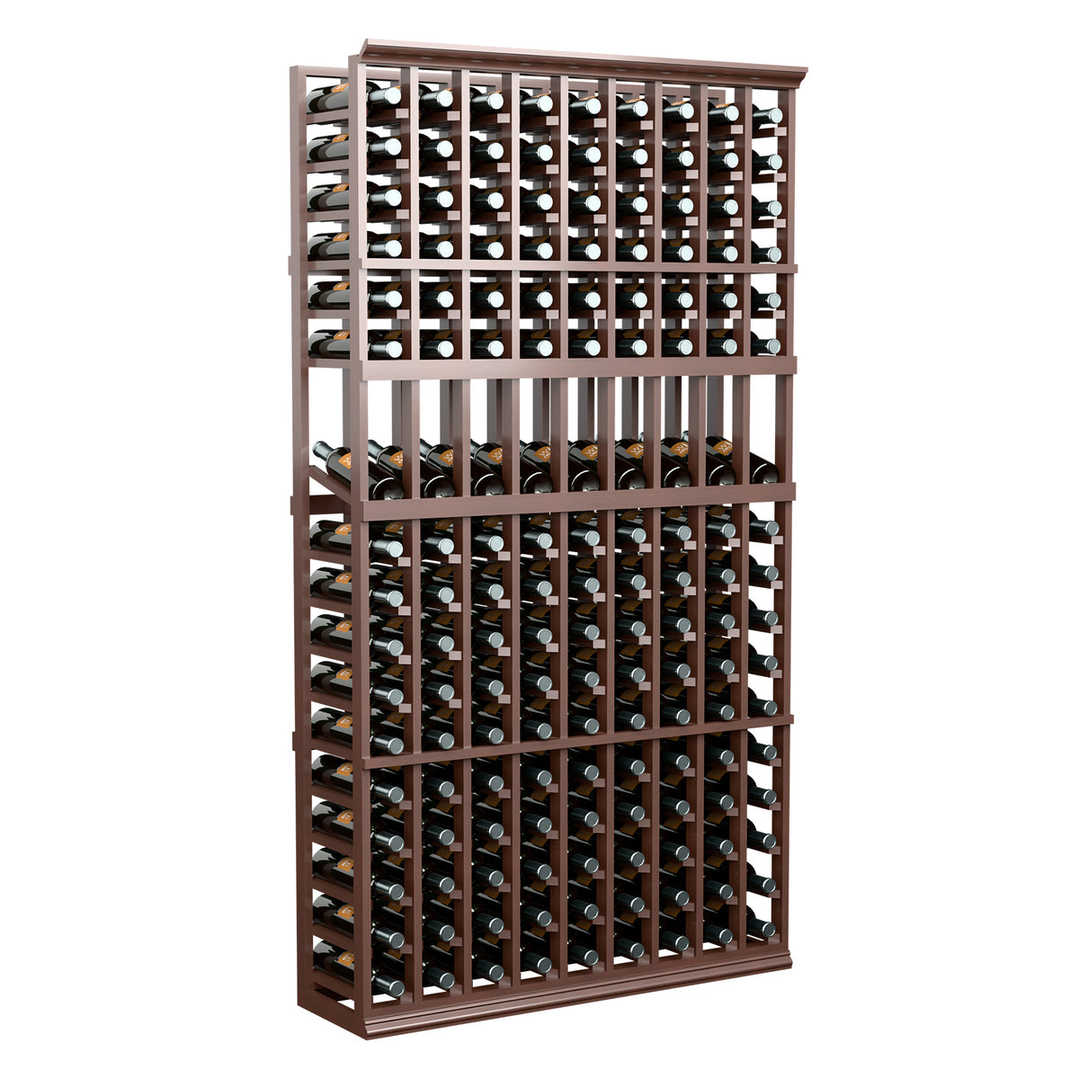 9-column wine display rack with dark wood frame and multiple bottle slots