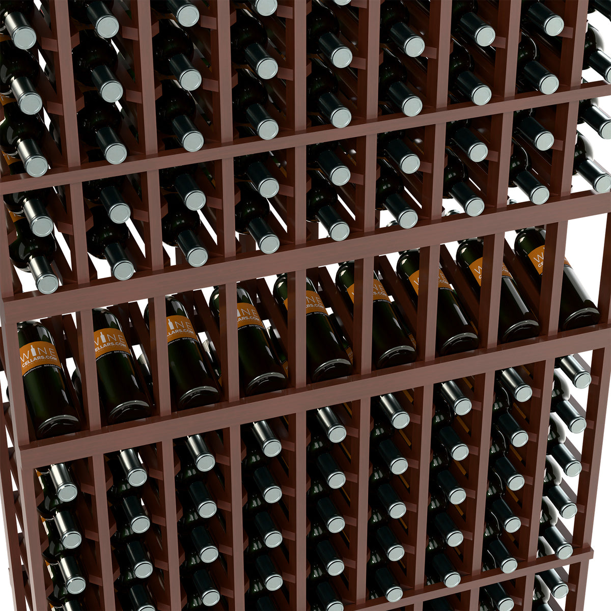 Wine display rack close-up with dark wood grid holding bottles in rows