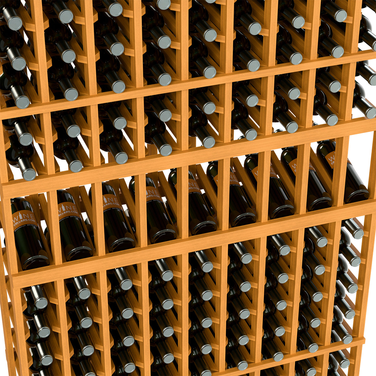 Wine rack close-up showing light wood grid and wine bottles in compartment rows