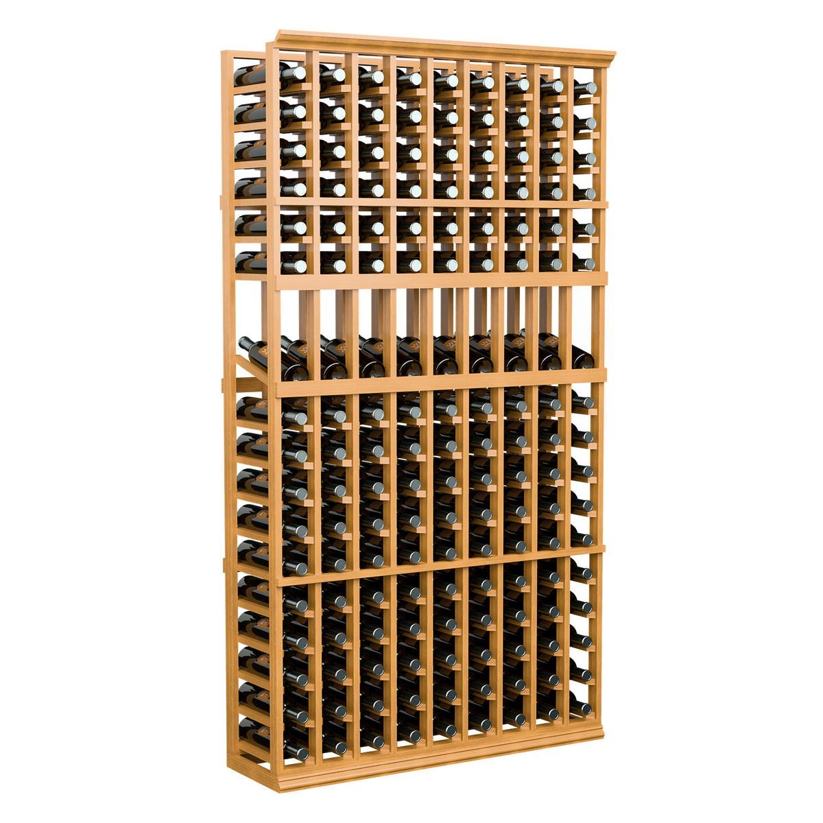 9-column wine display rack with light wood frame and many bottle openings