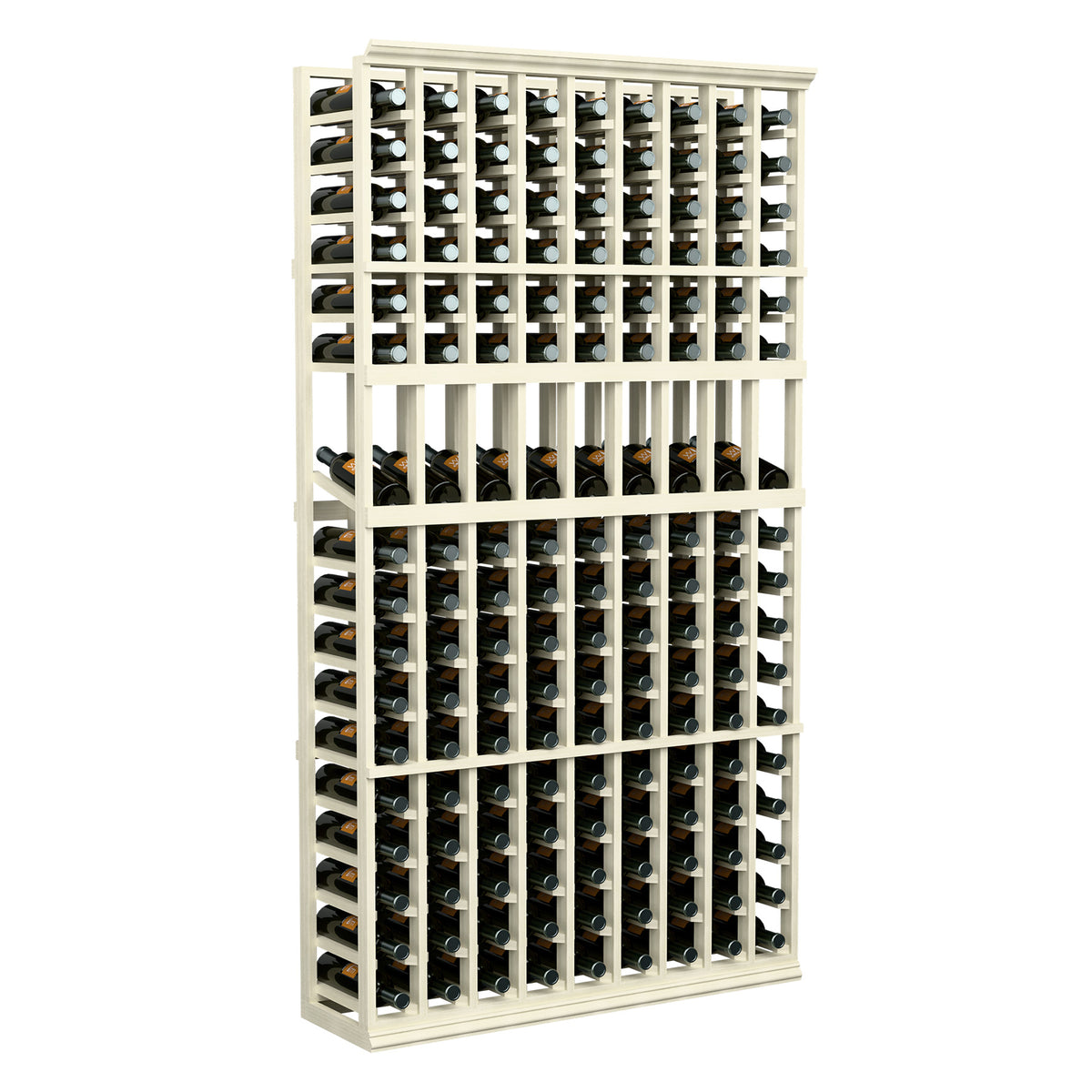 9-column wine display rack with white frame and rows of bottle compartments
