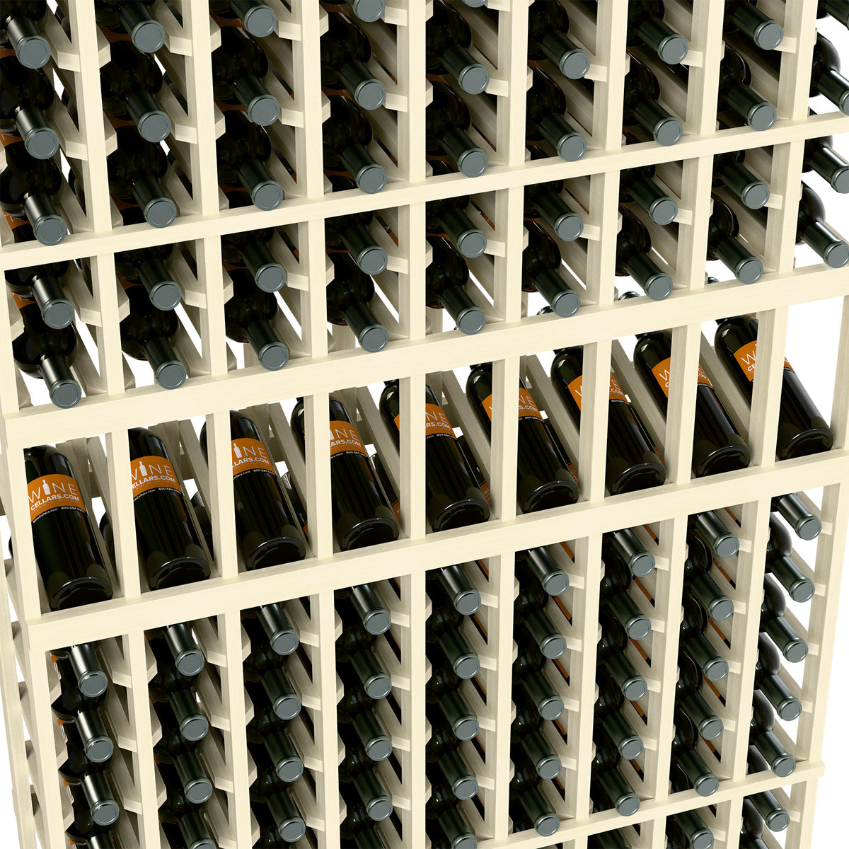 Wine rack close-up with white grid holding bottles in multiple columns