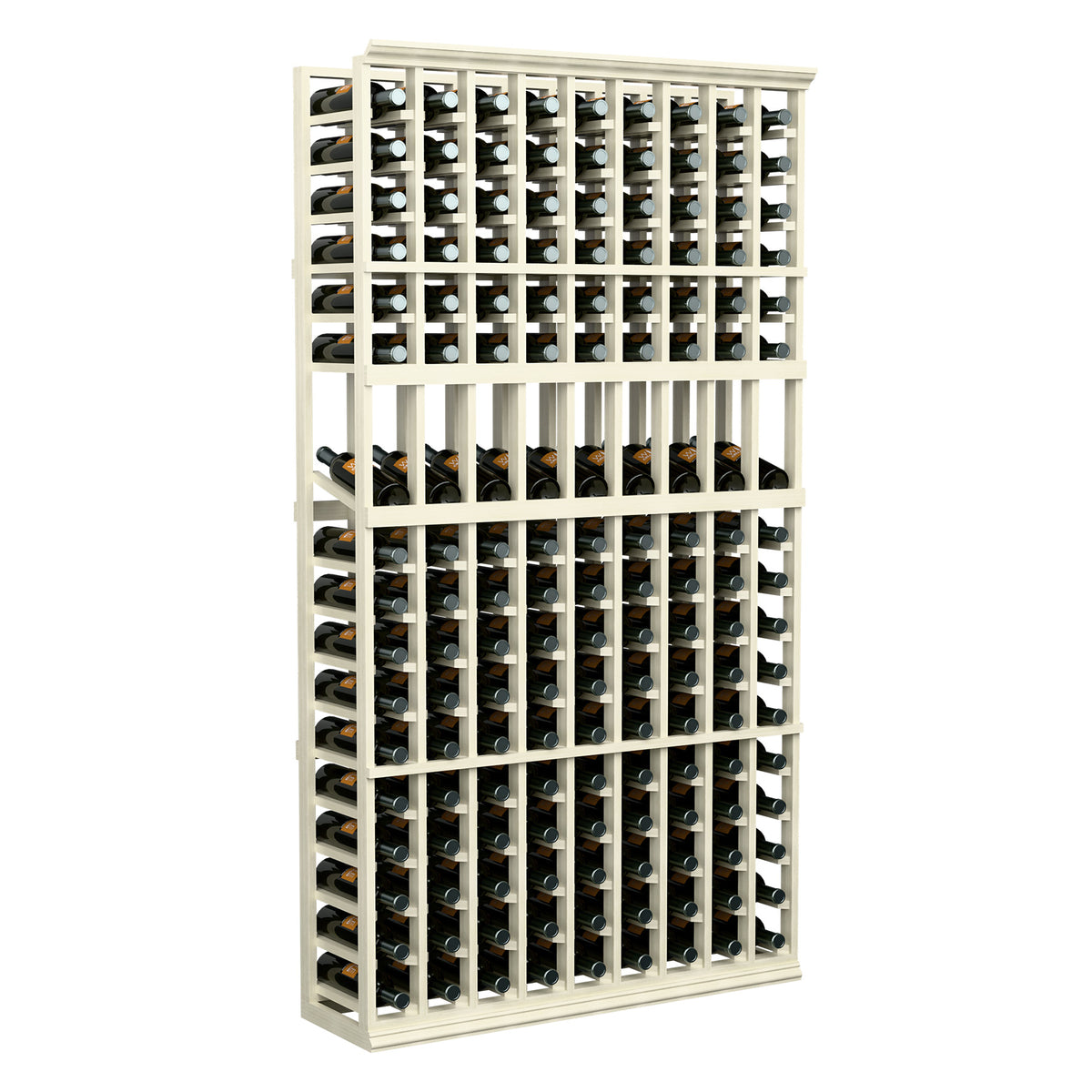 9-column wine display rack with white frame and upright bottle storage