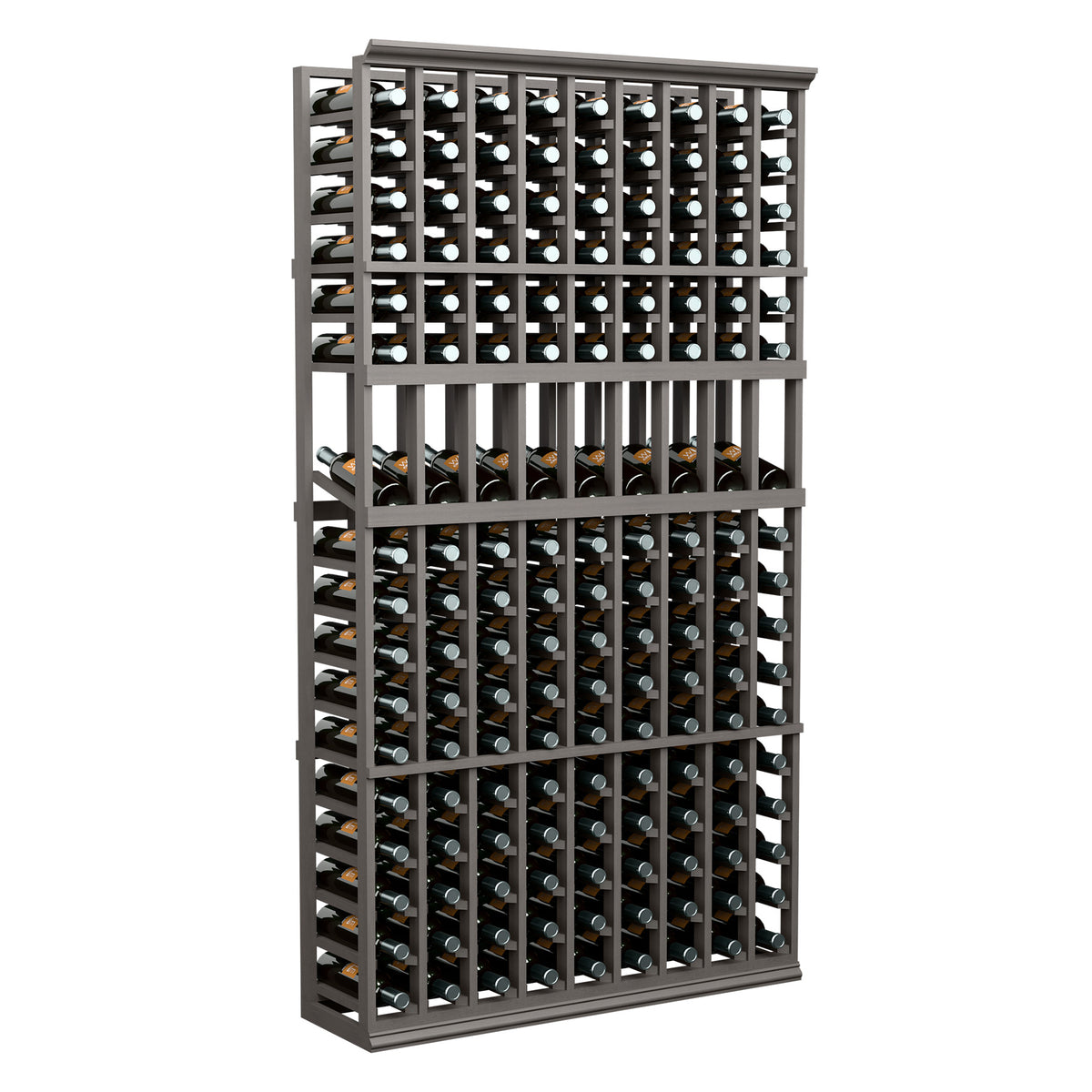 9-column wine bottle display rack, 6 ft tall, dark wood frame with grid shelves