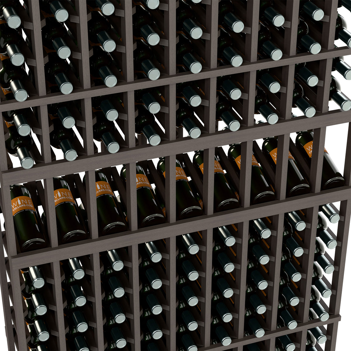 Close-up of wine bottle rack with dark frame and rows of bottles
