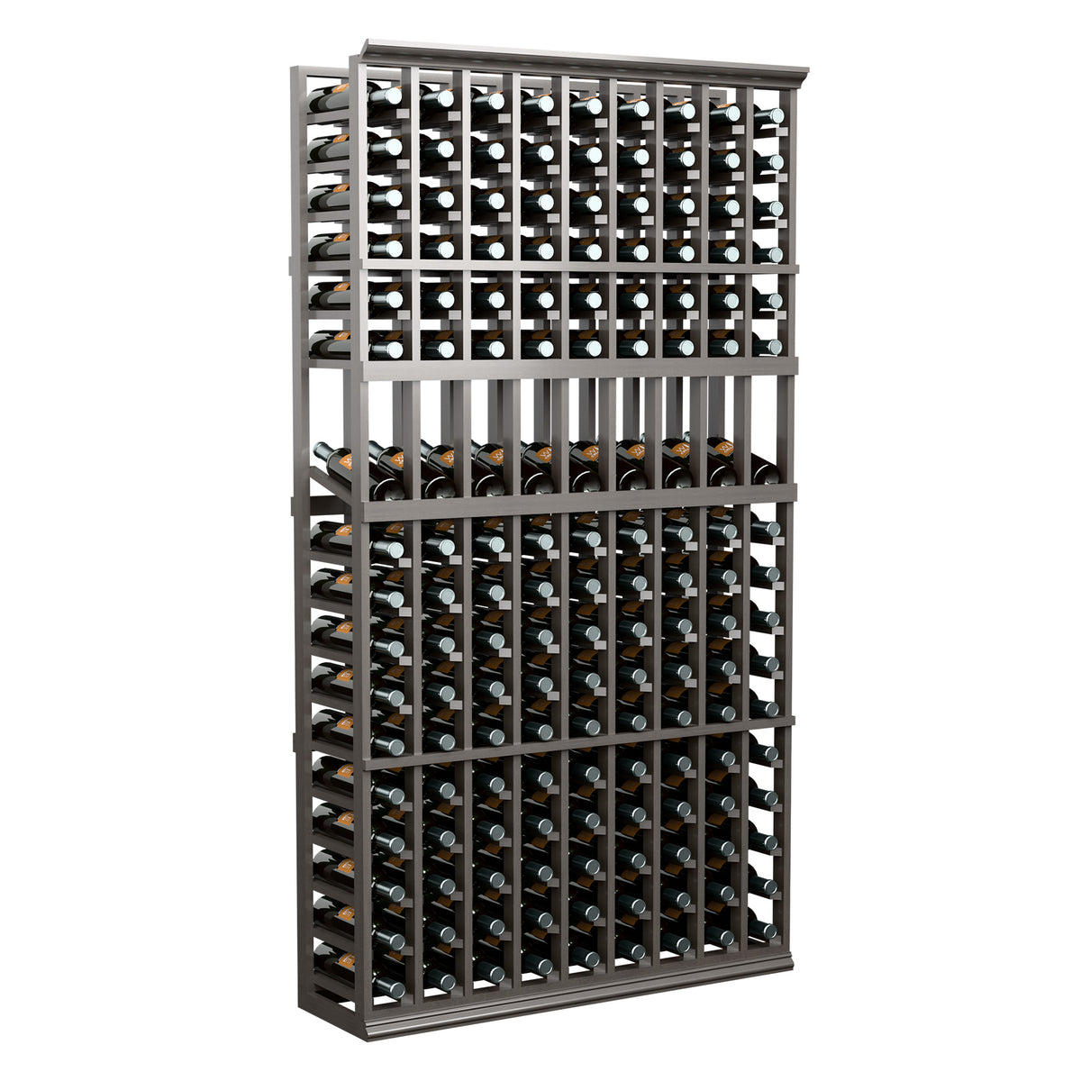 9-column wine bottle display rack, 6 ft tall, dark wood frame and bottle cradles