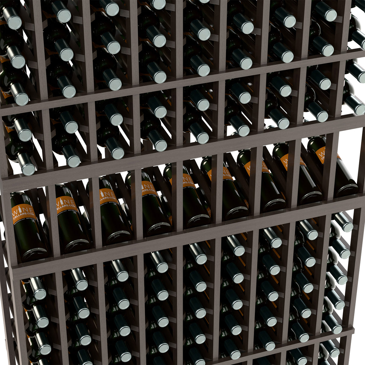Close-up of wine bottle rack showing dark frame, bottle rows, and metal bottle necks