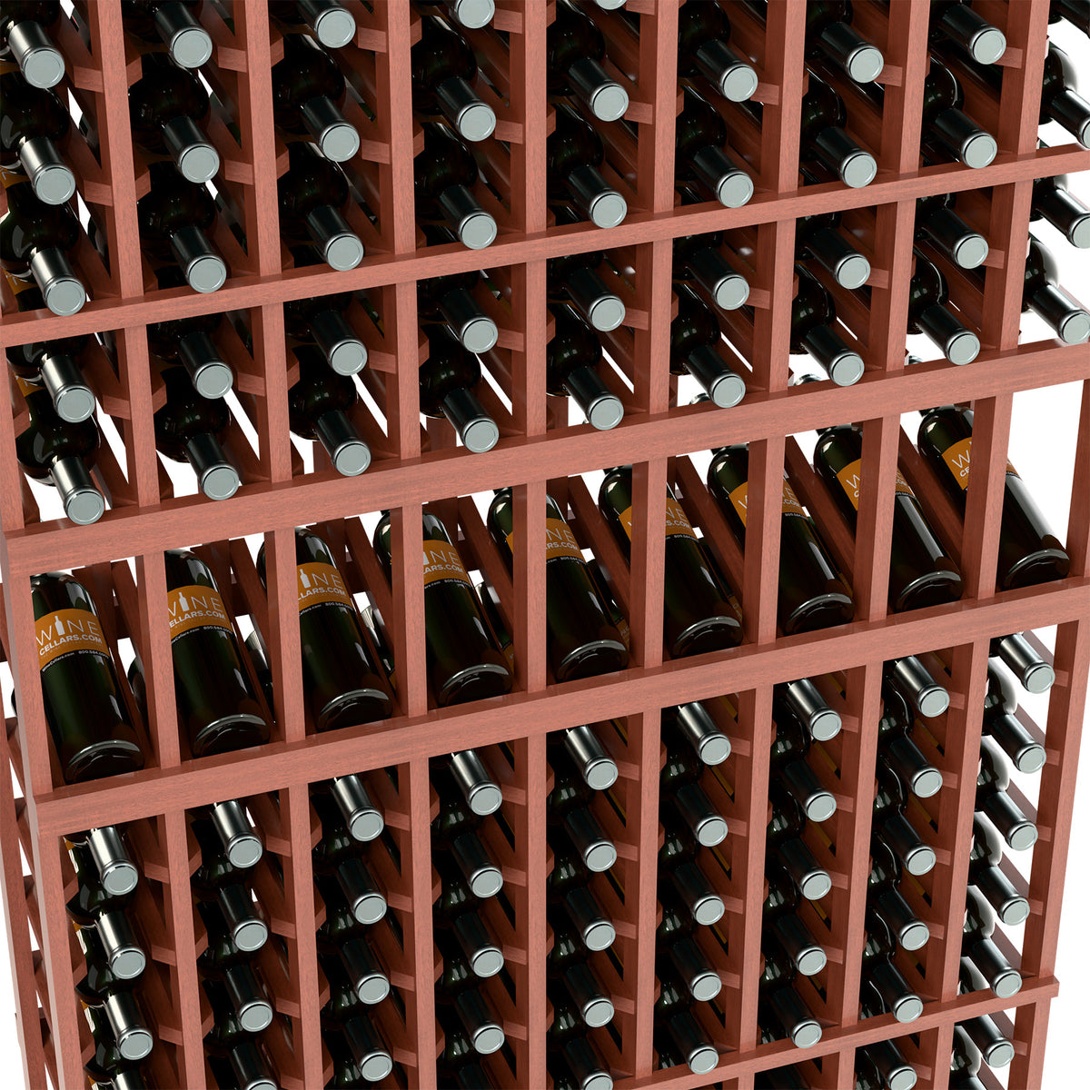 Close-up of wine bottle rack with reddish-brown frame and neatly stored bottles