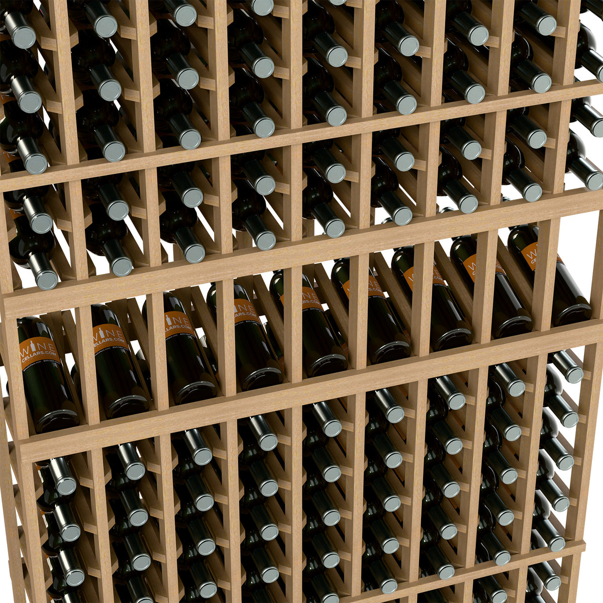 Close-up of wine bottle rack with light wood frame and multiple bottle rows