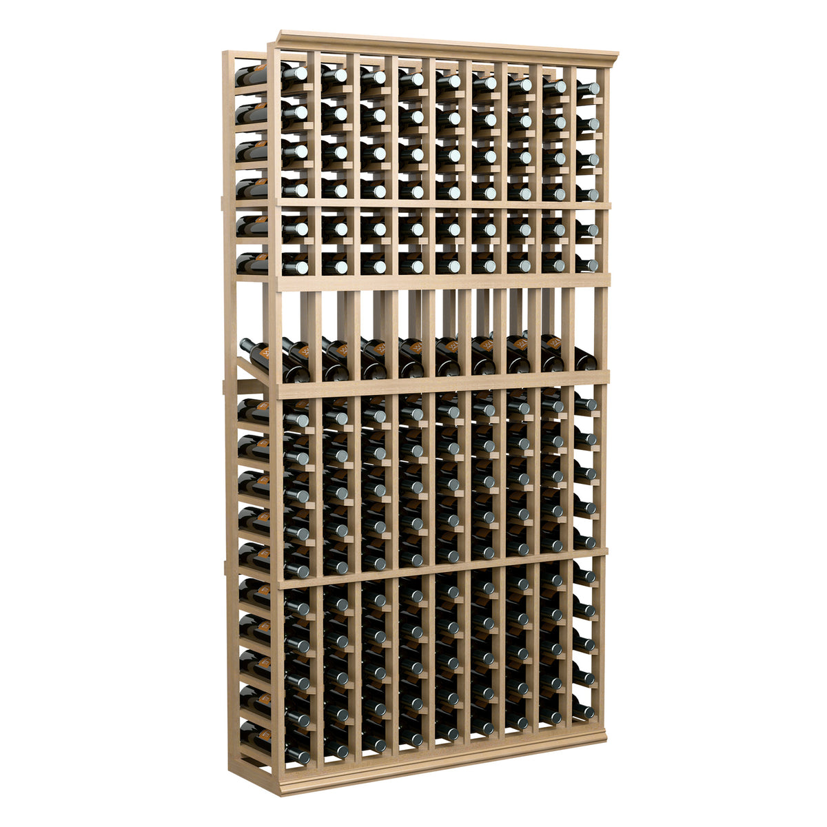 9-column wine bottle display rack, wooden frame with bottle slots