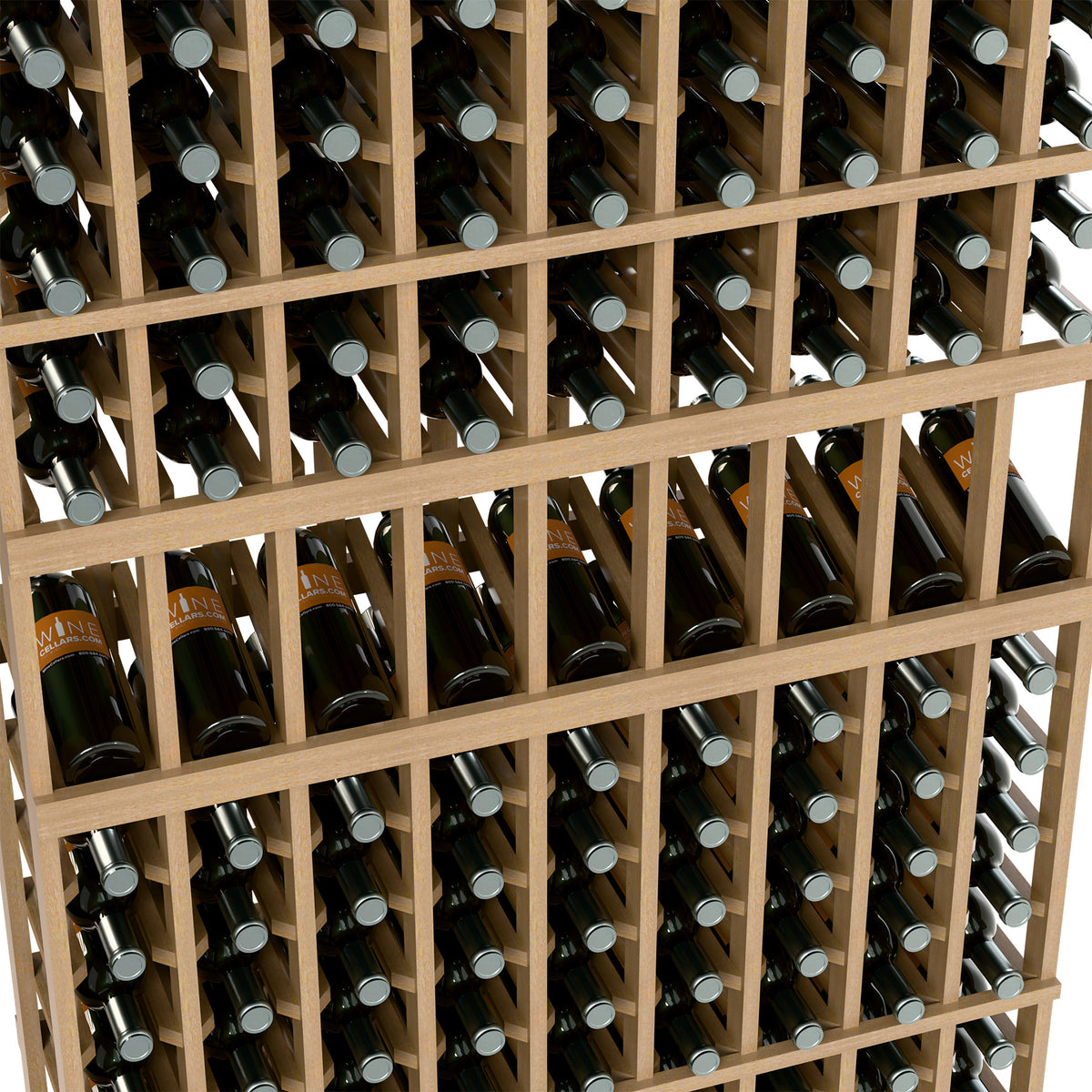 Wood wine bottle rack with front-loading slots and bottle necks visible