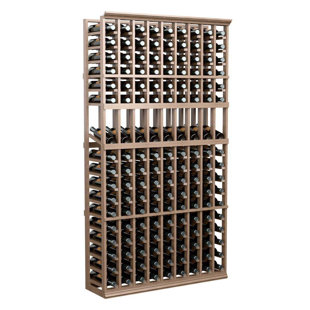 9-column wine bottle display rack, wooden frame with bottle slots