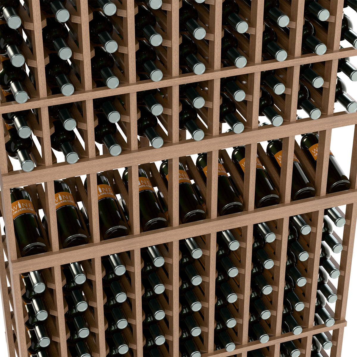 Wood wine bottle rack close-up showing rows of bottles in front slots
