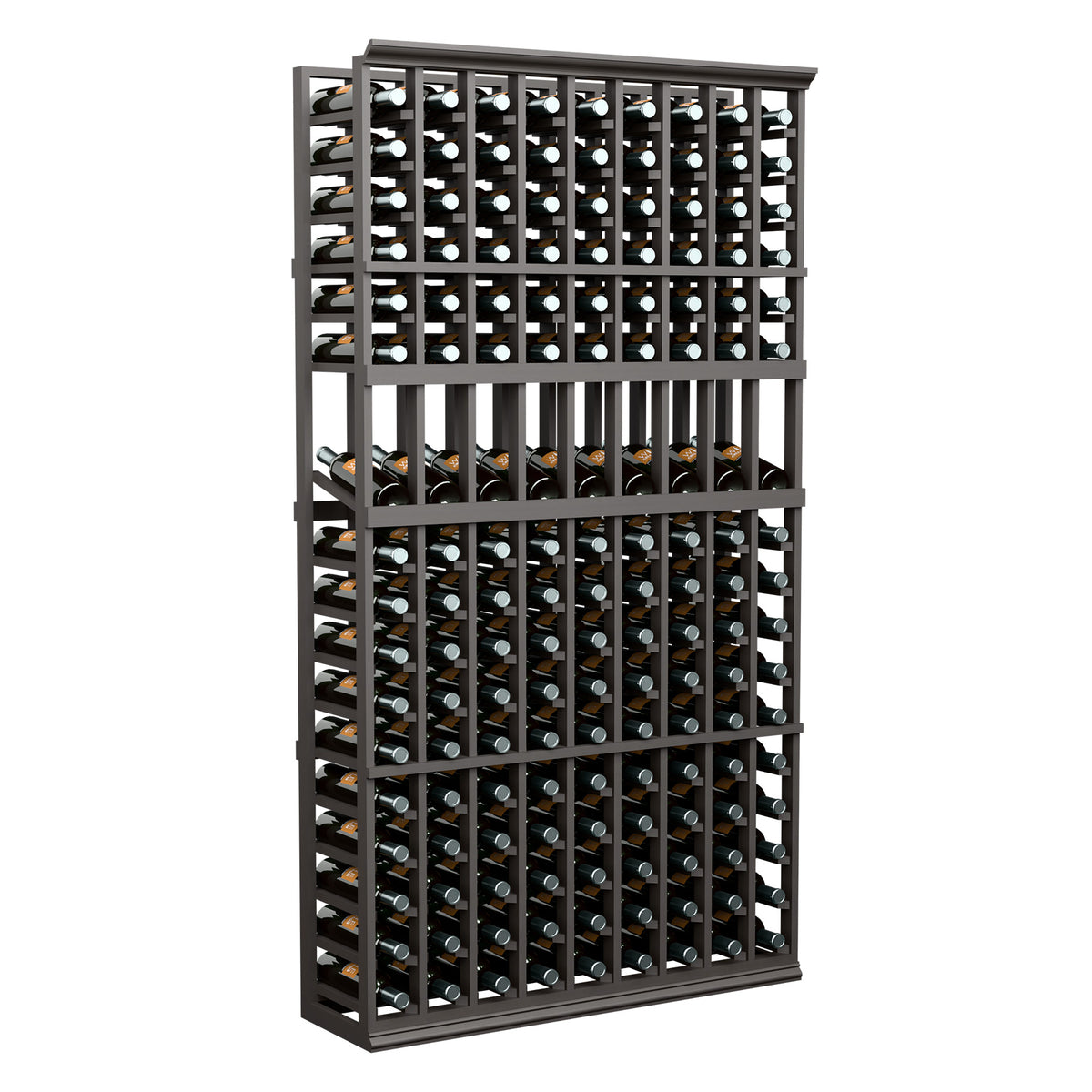 9-column wine bottle display rack, dark stained frame with bottle slots