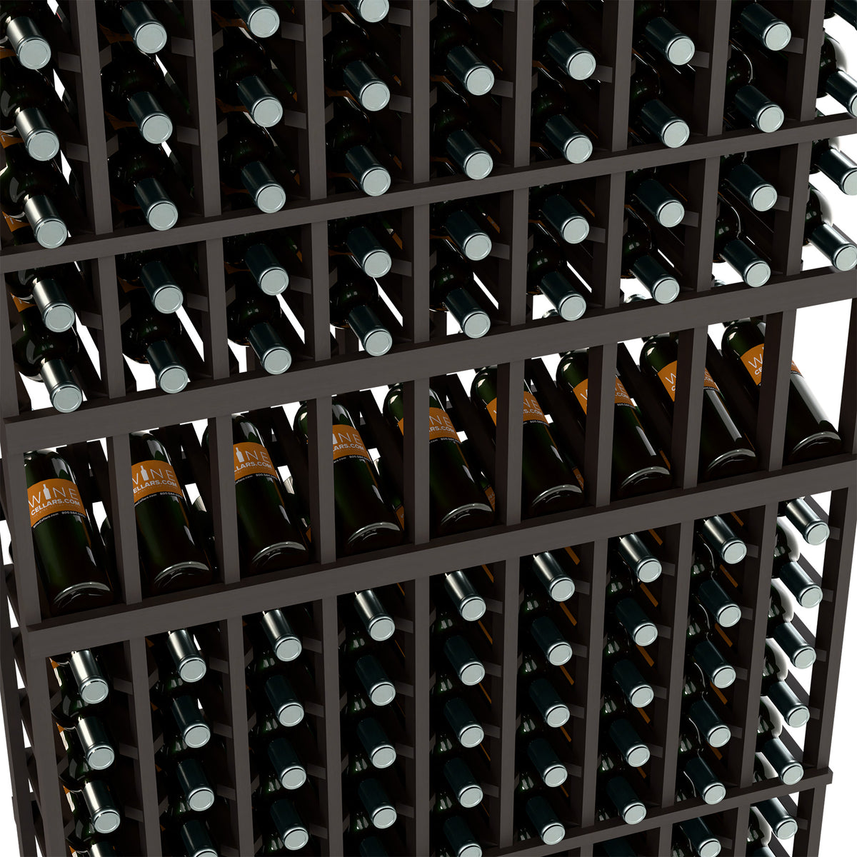 Dark wine bottle display rack close-up with bottle rows in front slots