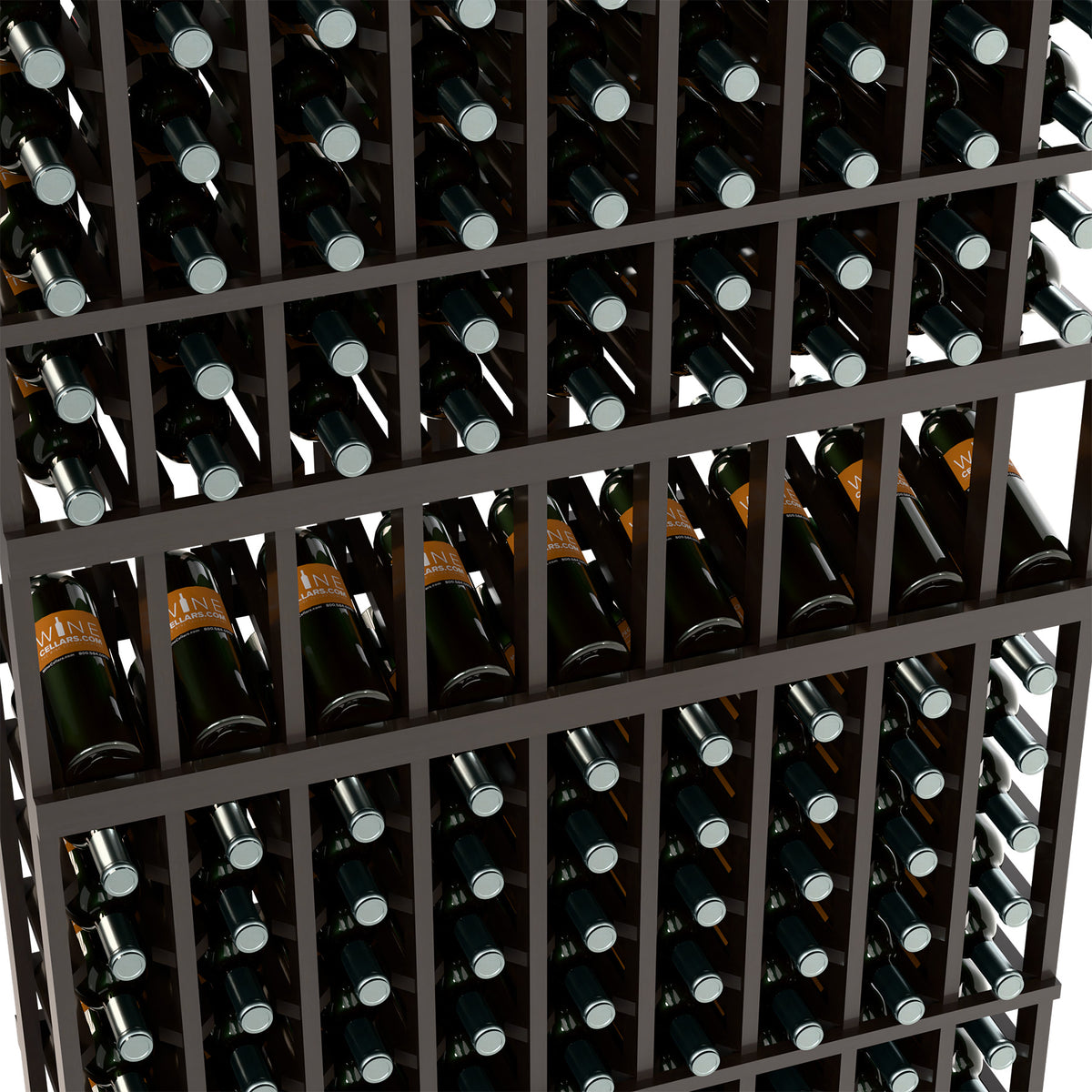 Dark wine bottle rack close-up showing rows of bottles in front slots