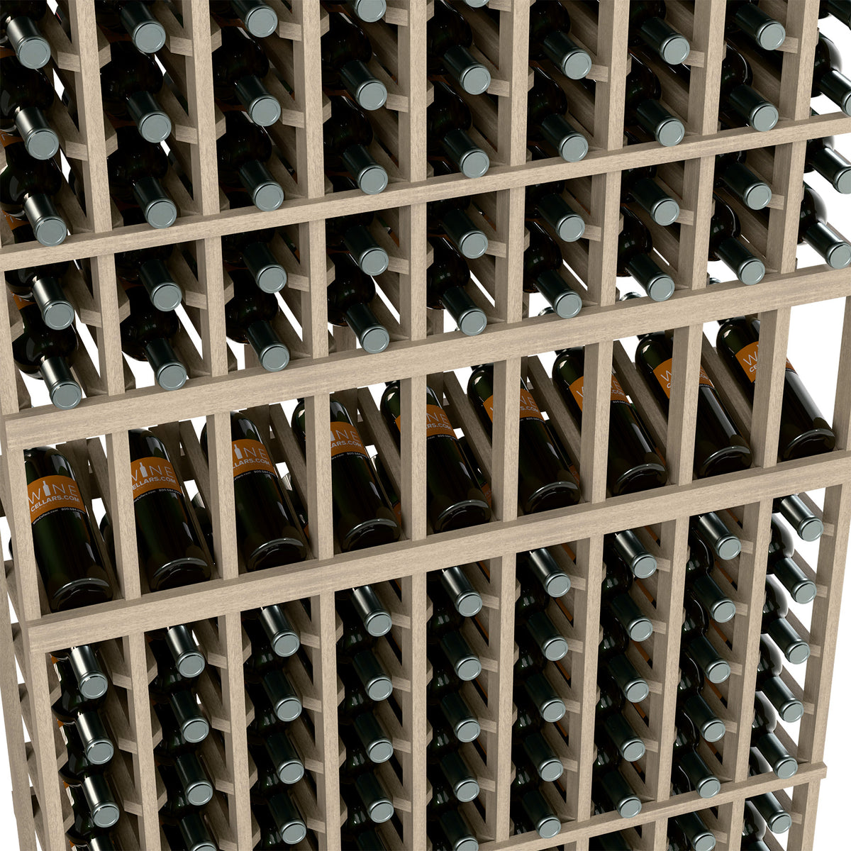 Close-up of 9-column wood wine rack holding bottles in slanted slots