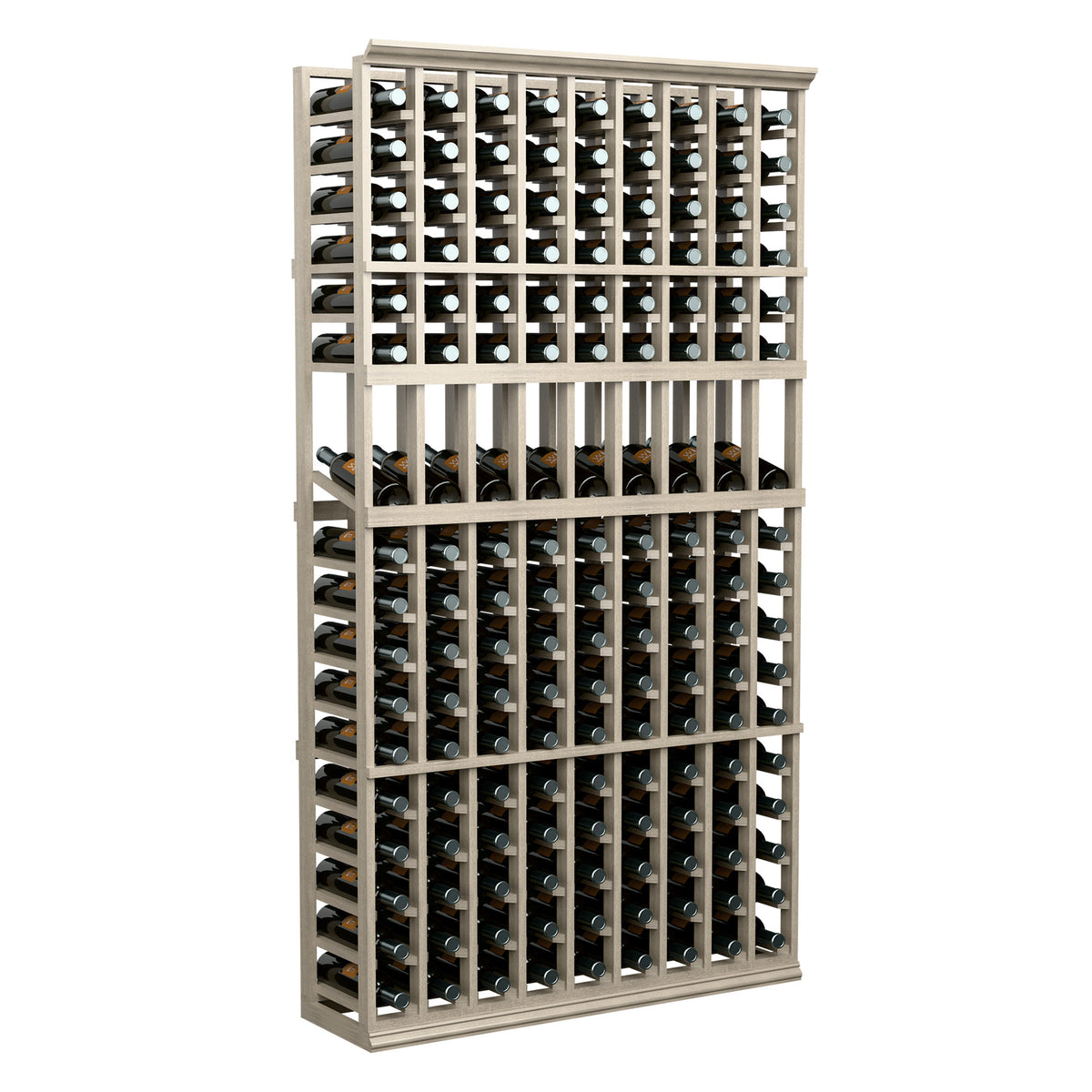 Wood wine bottle display rack with 9-column compartments for standing bottles