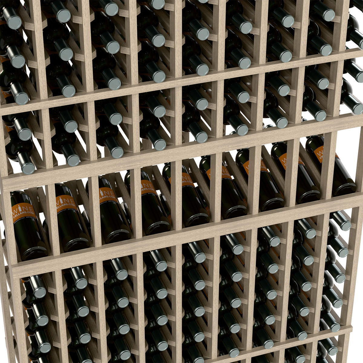 Close-up of 9-column wood wine rack with bottle neck rests and caps