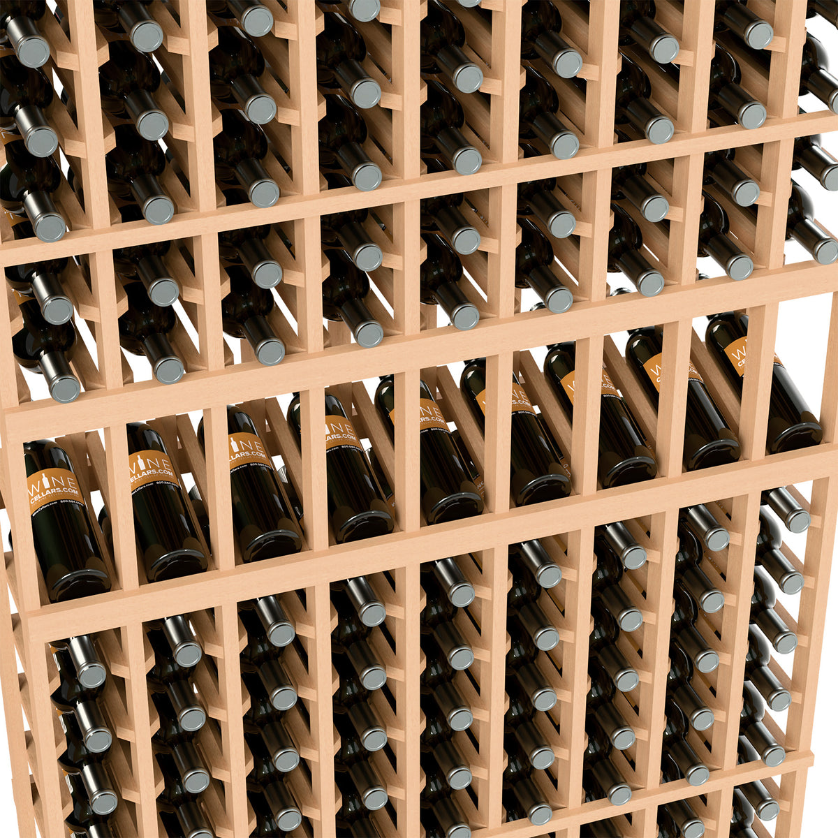 Close-up of light wood 9-column wine rack with bottles in open slots