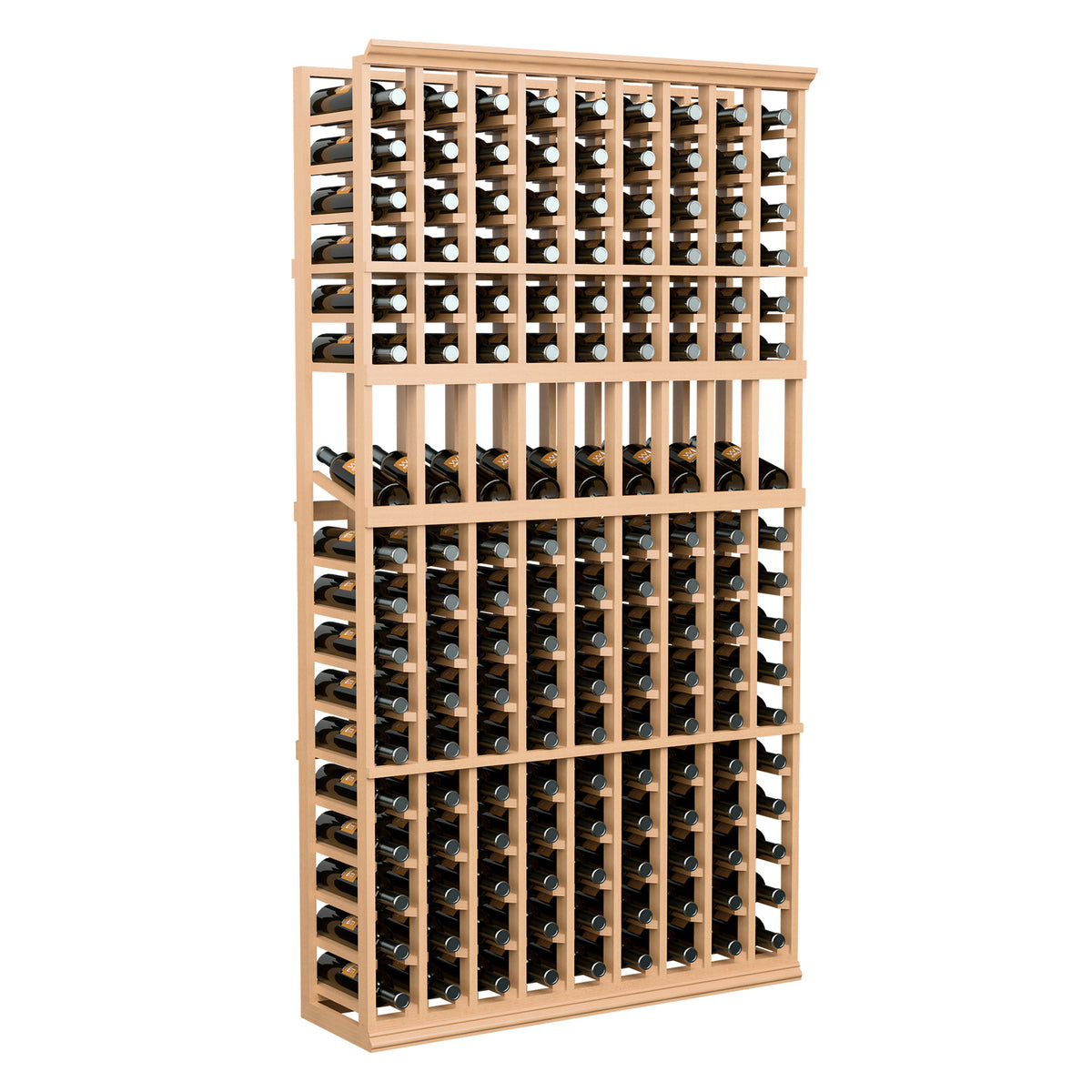 Light wood wine bottle display rack, 9-column grid with rows of bottle holders