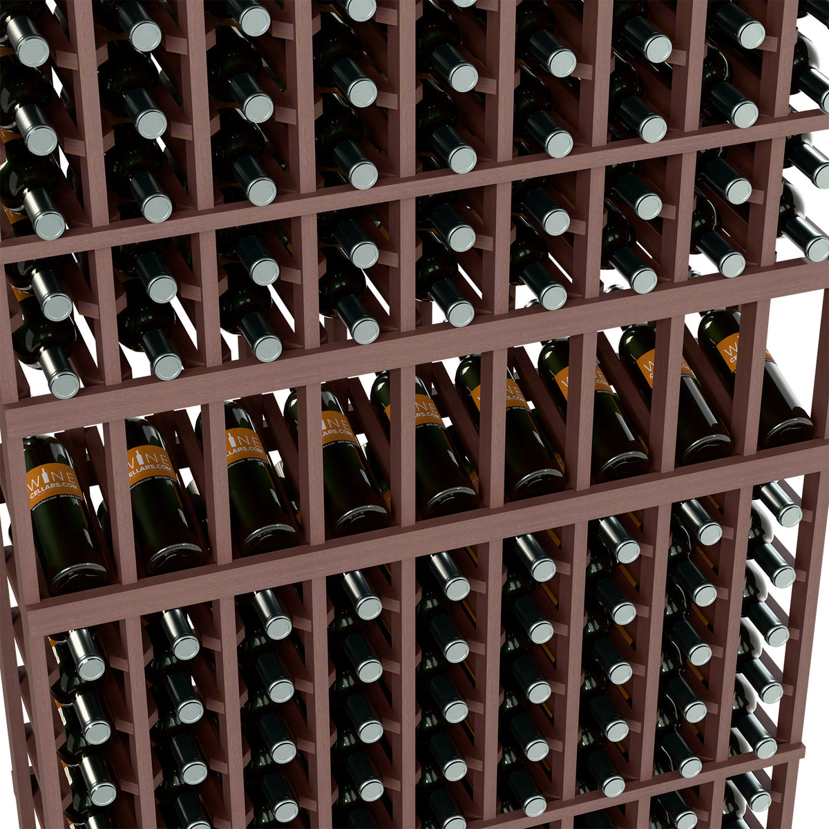 Close-up of dark wood 9-column wine rack with bottles in slanted slots