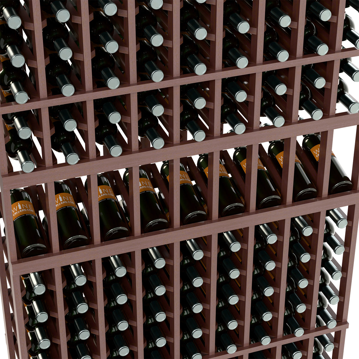 Close-up of dark wine bottle rack slots with labeled bottles and gray caps.