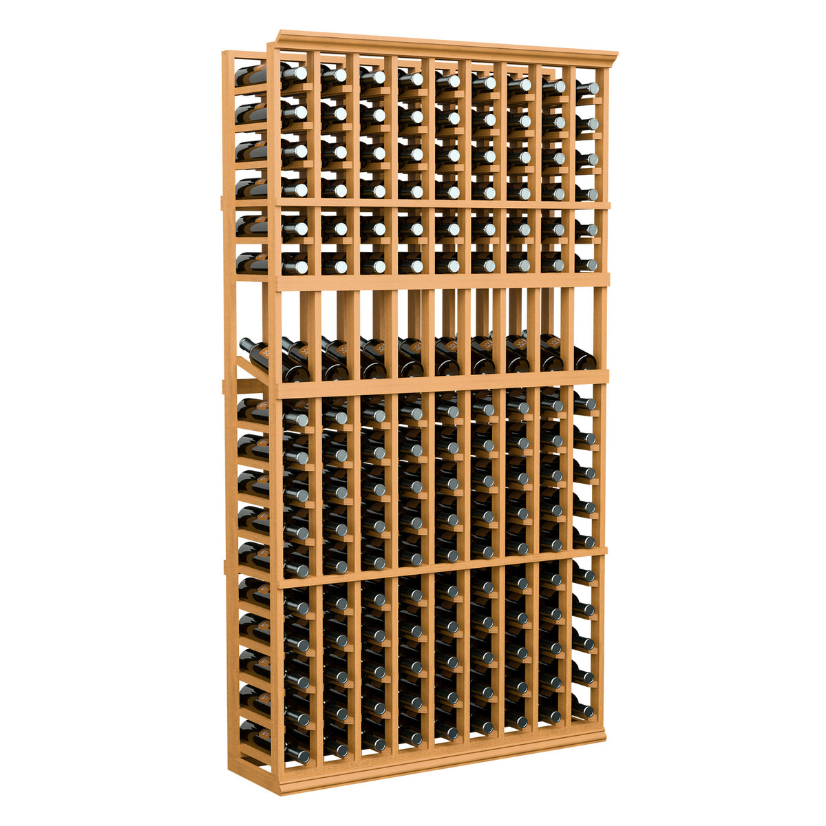 Light wood 9-column wine bottle rack, 6 ft tall, open shelving.