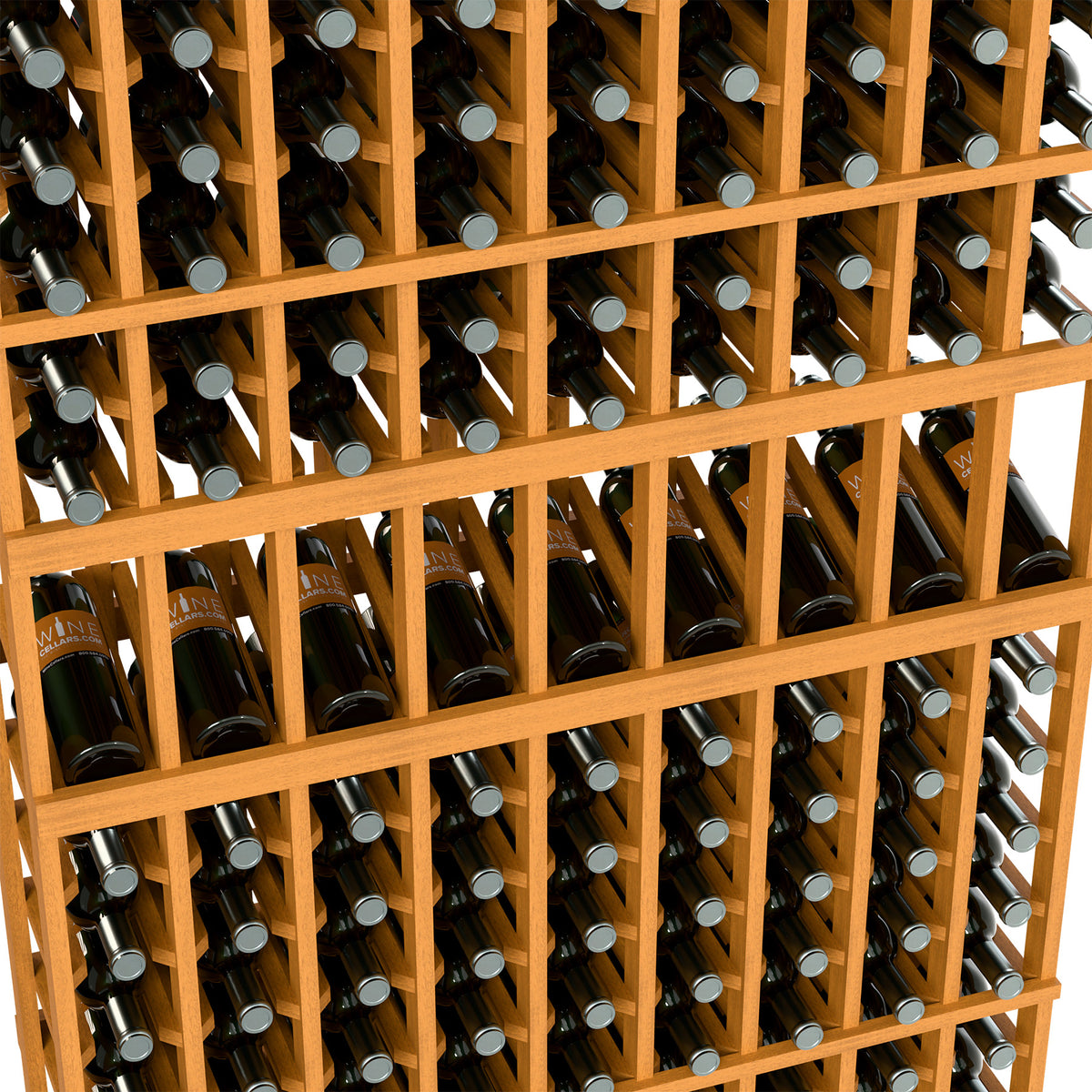 Close-up of light wood wine bottle rack with labeled bottles and gray caps.