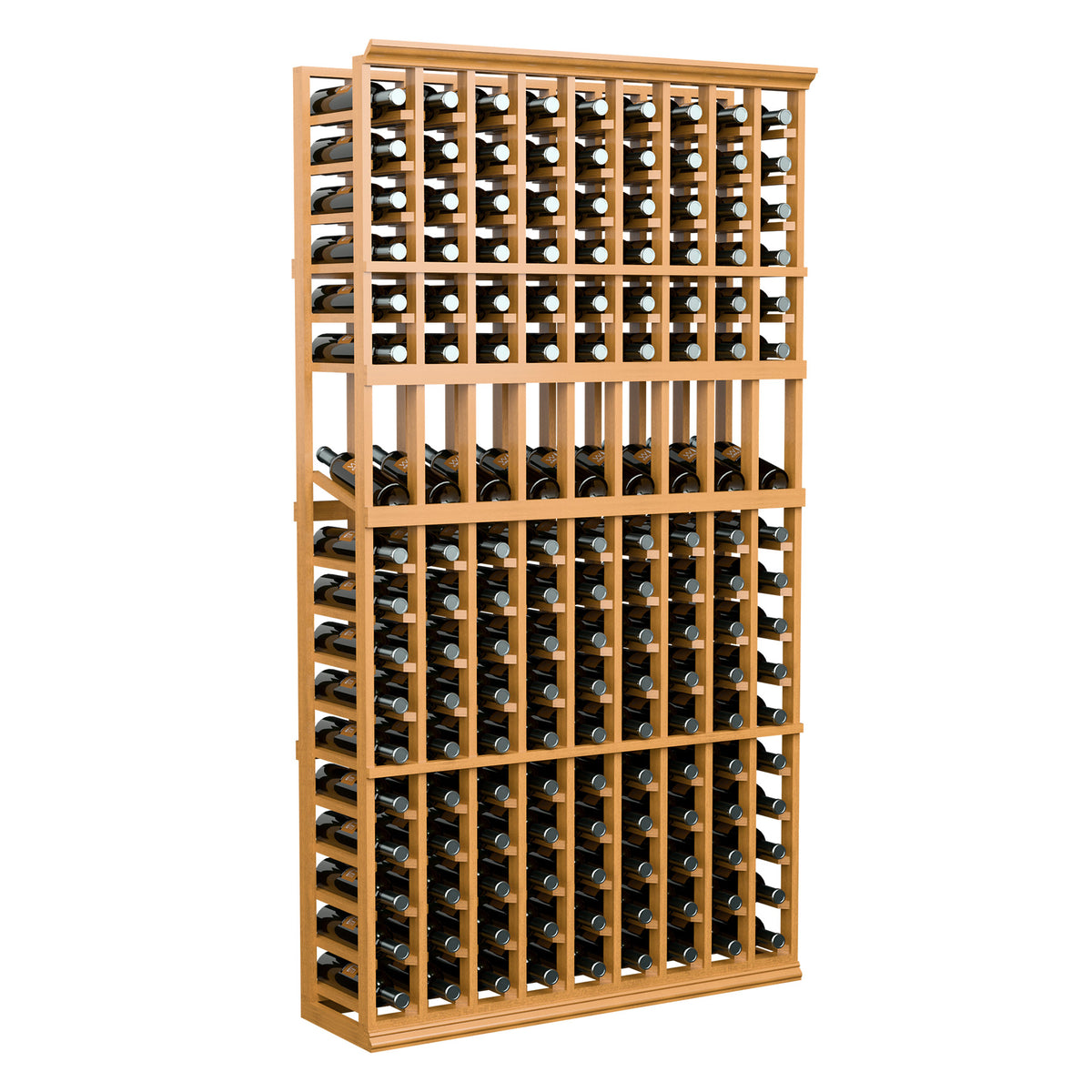 Warm wood 9-column wine bottle rack, 6 ft tall, front bottle rows.