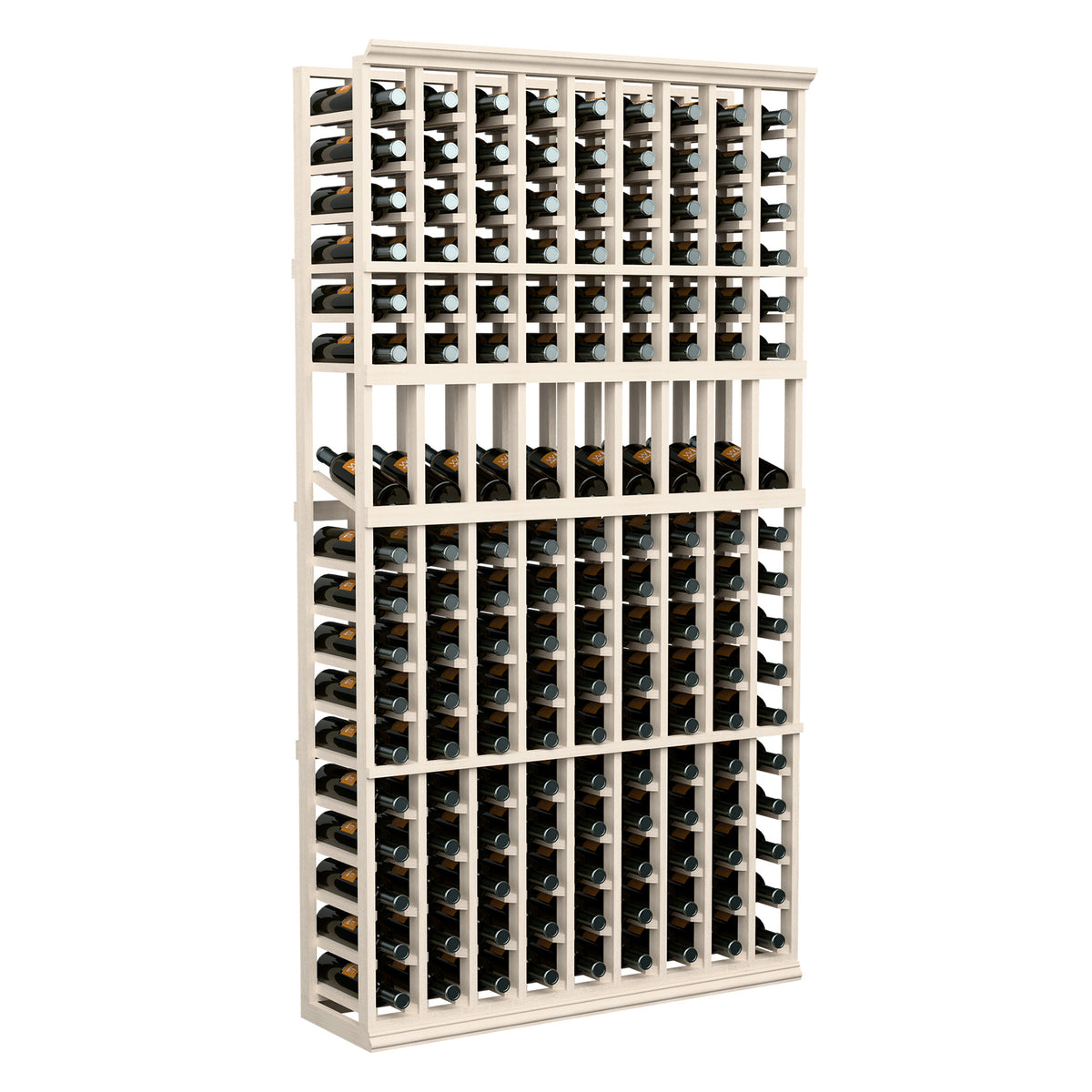 White wine bottle display rack with 9 columns, 6 ft tall, open front.