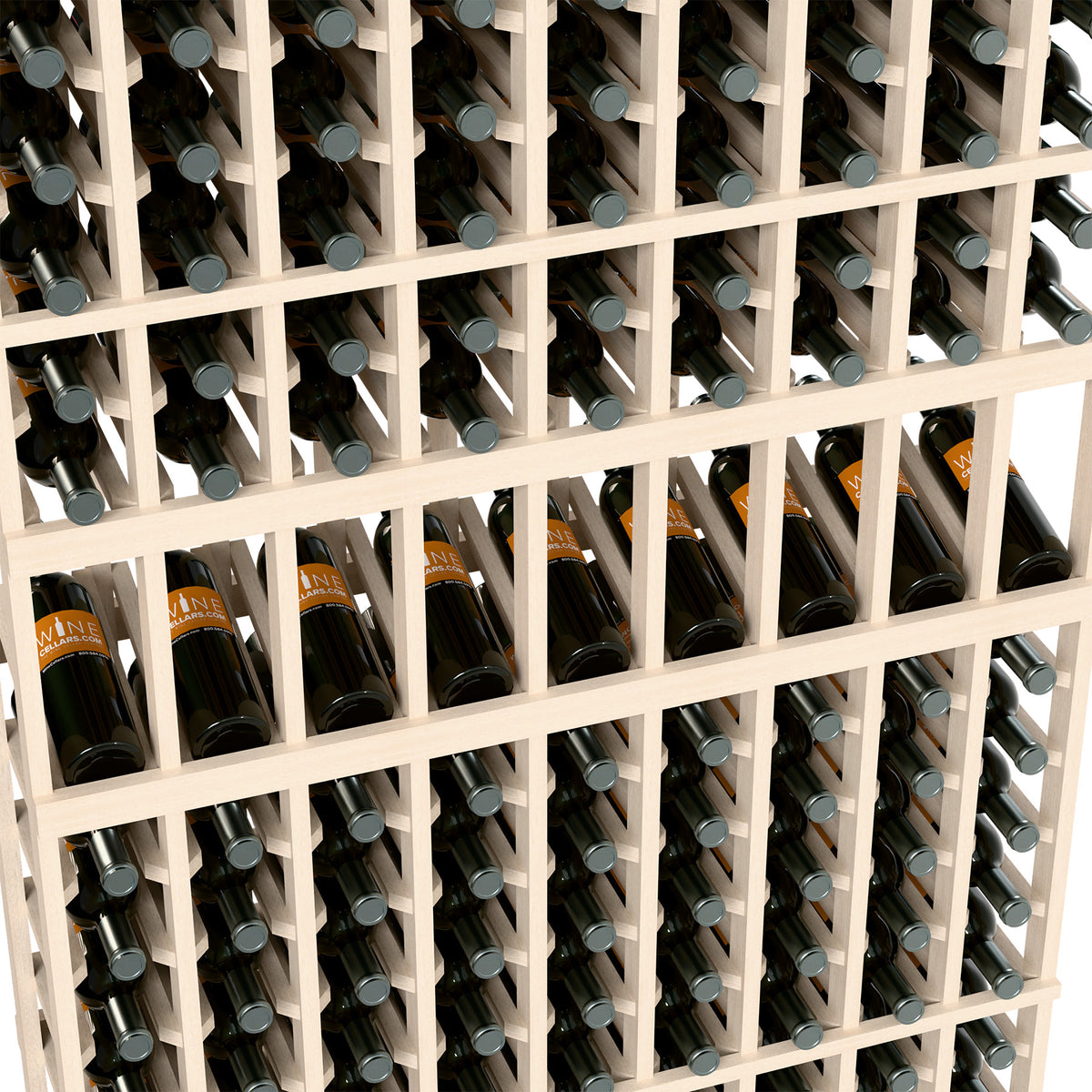 Close-up of white wine bottle rack cubbies holding labeled bottles with caps.