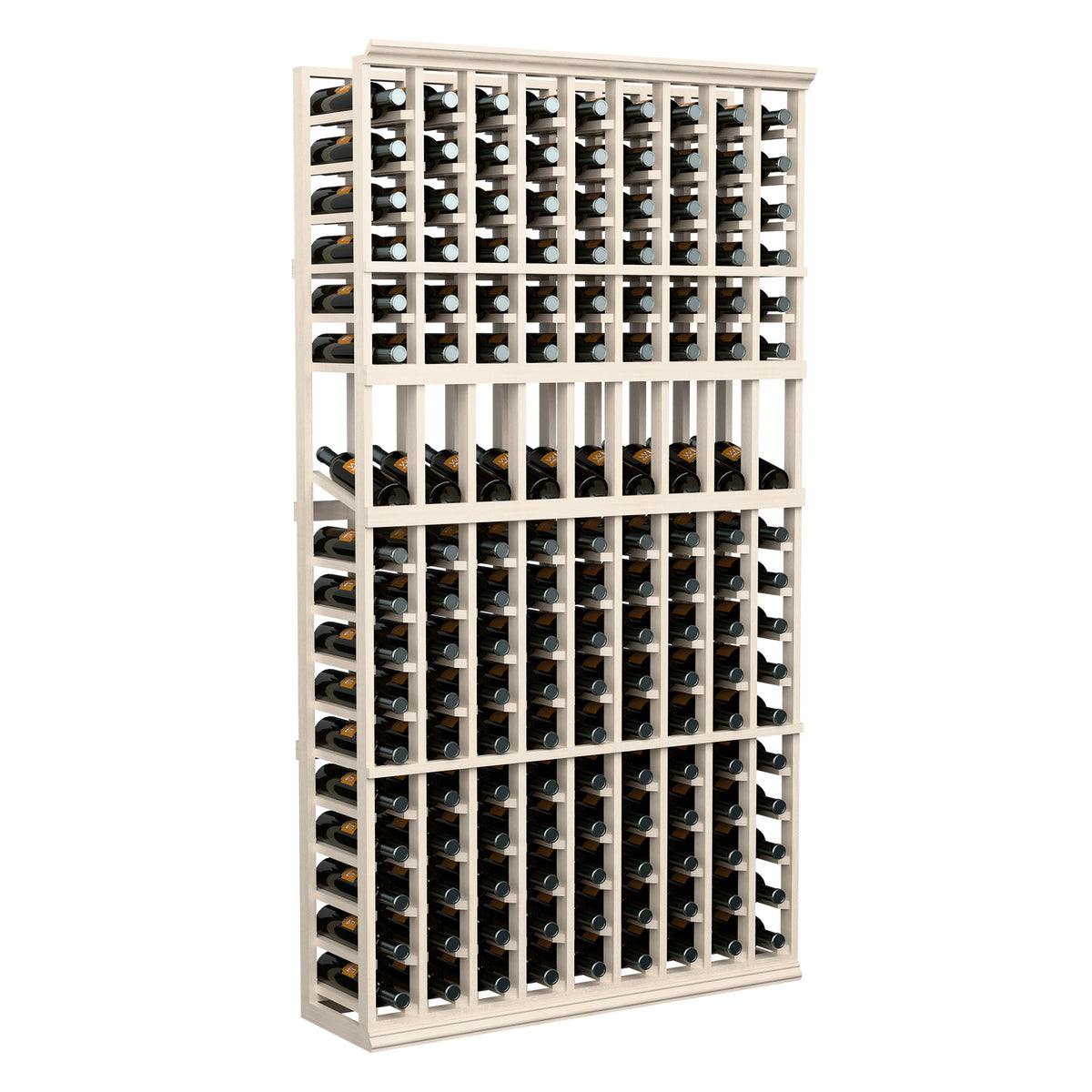 White 9-column wine bottle rack, 6 ft tall, front view of bottle rows.