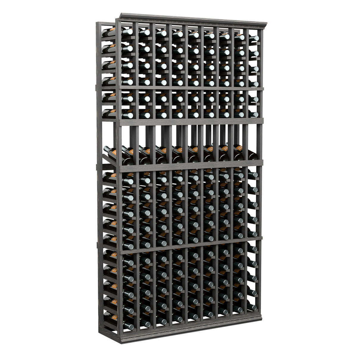 9-column wine bottle display rack, dark frame, stores many bottles, 6 ft tall