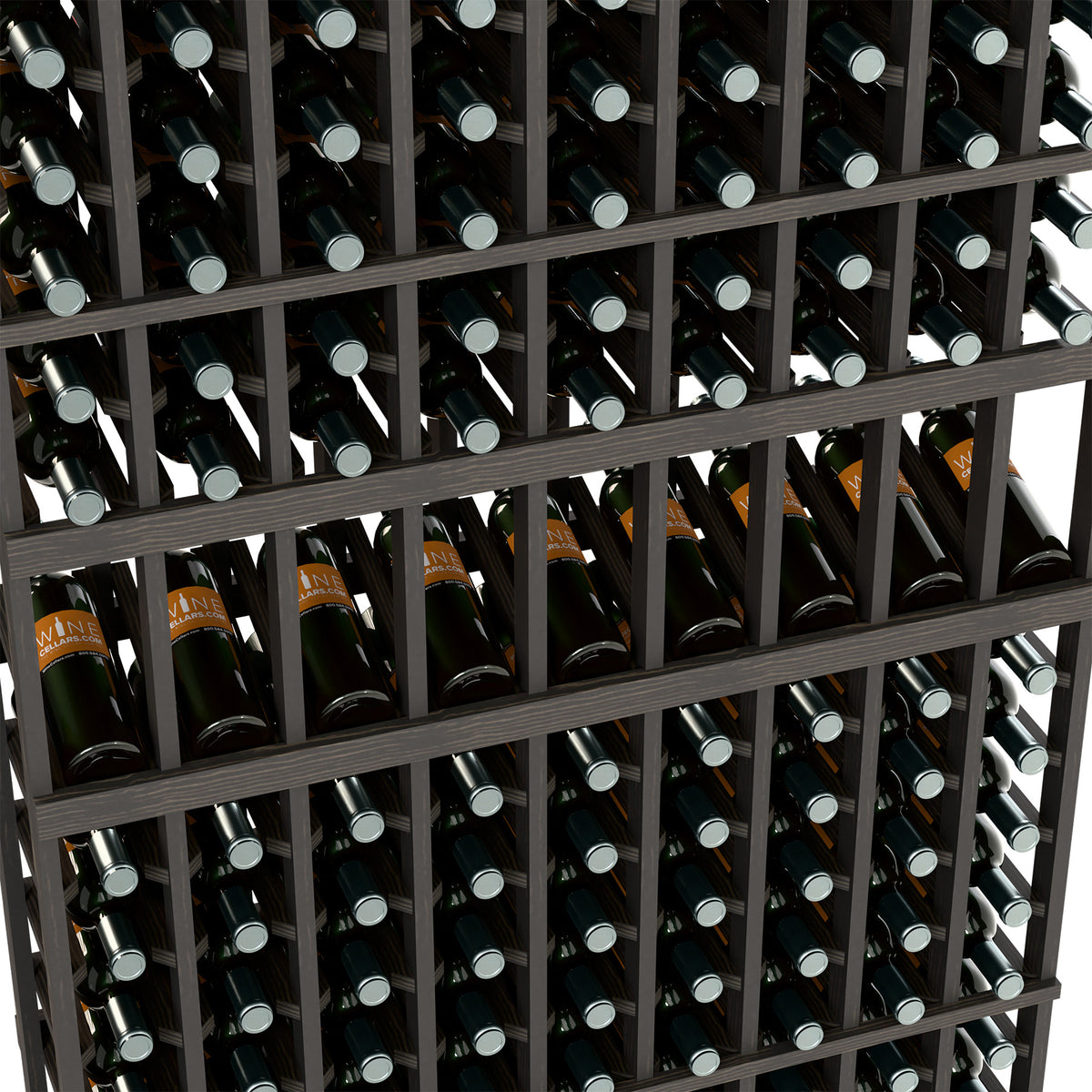 Dark wine bottle display rack close-up with rows of bottle neck slots