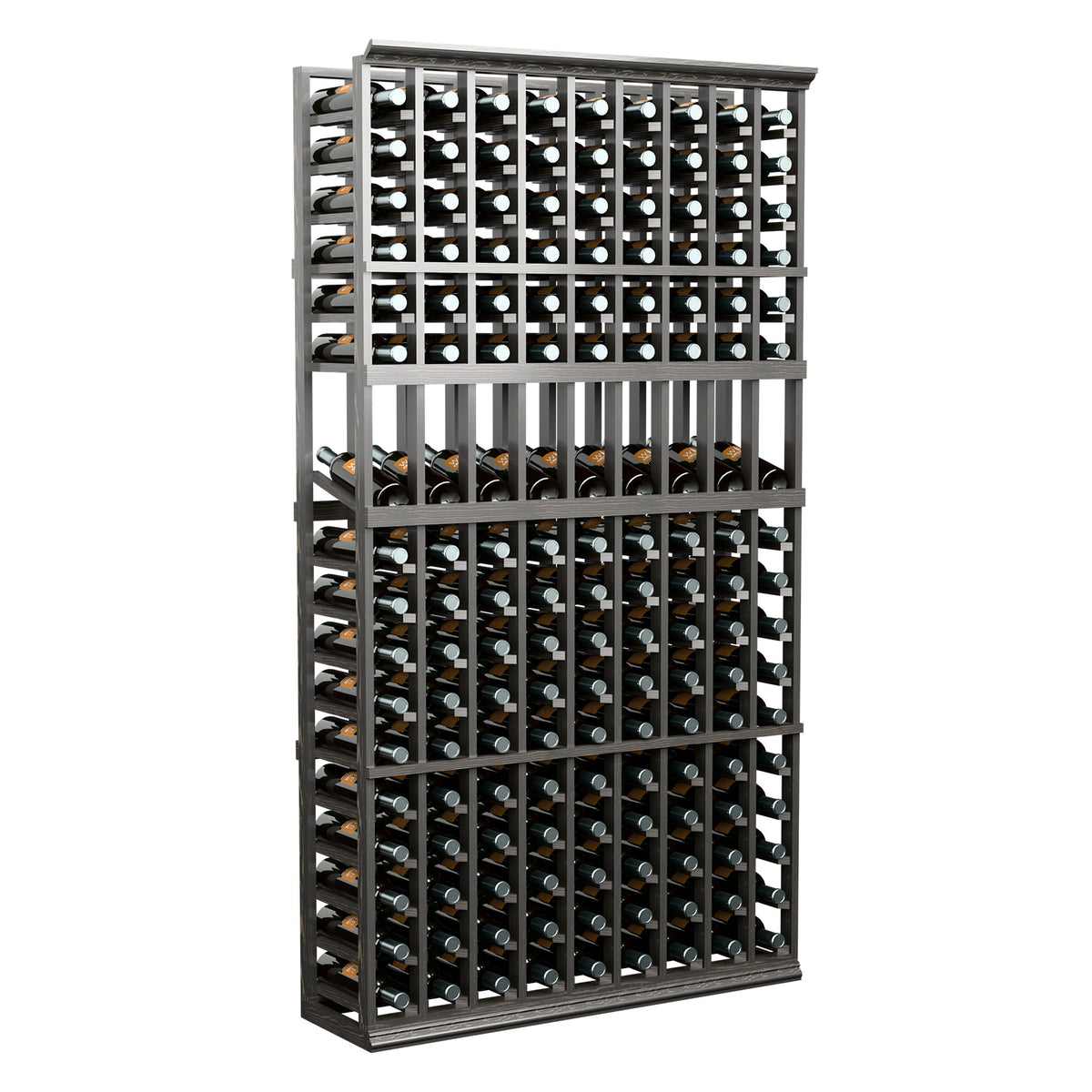 Front view of 9-column wine bottle display rack with dark frame and bottle storage