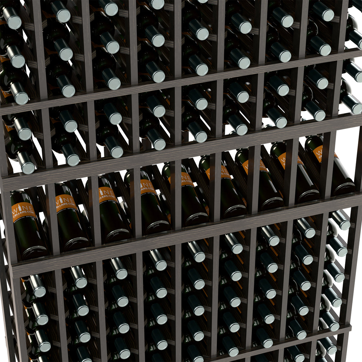 Dark wine bottle rack close-up showing bottle necks in grid rows