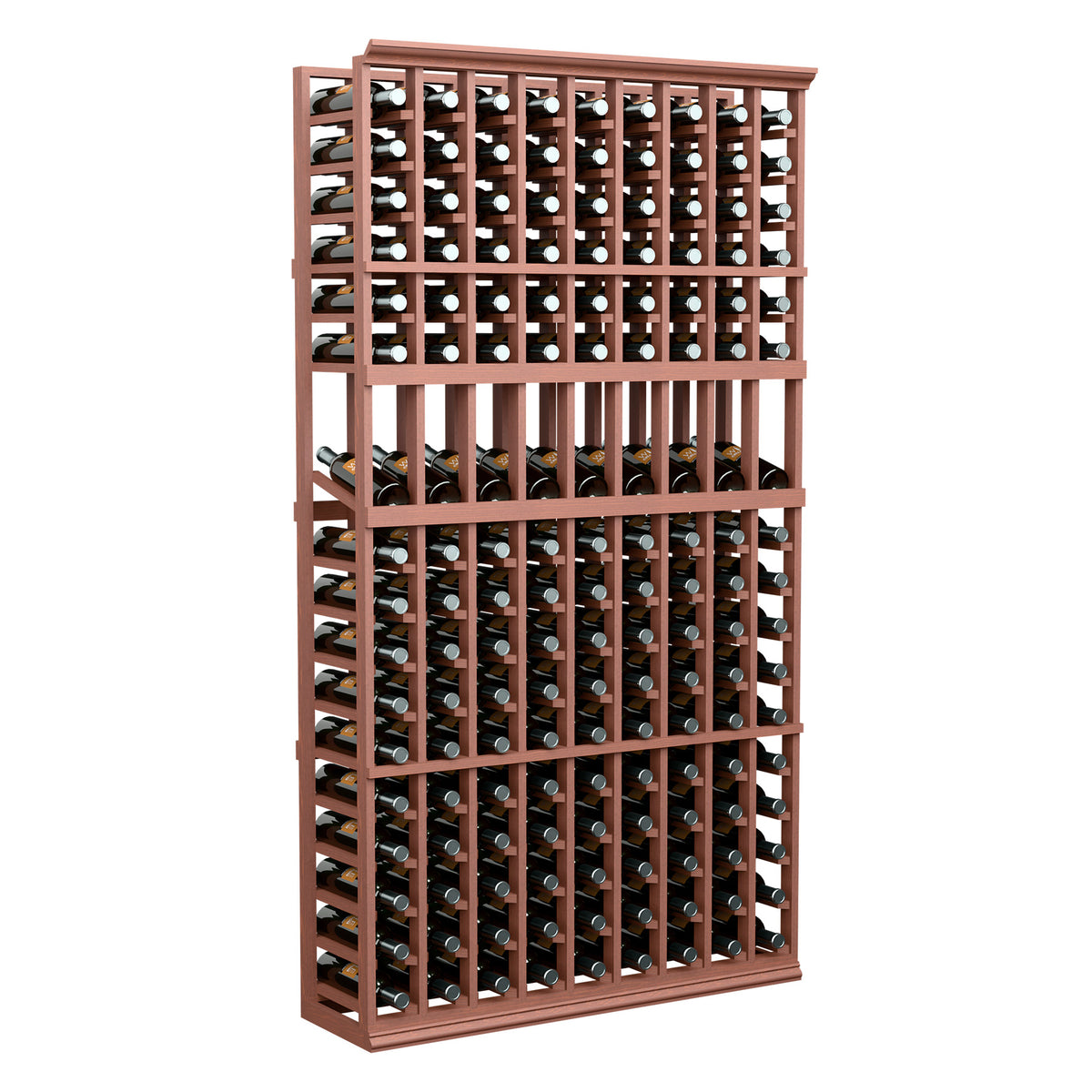 9-column wine bottle display rack, warm wood frame, stores many bottles, 6 ft tall