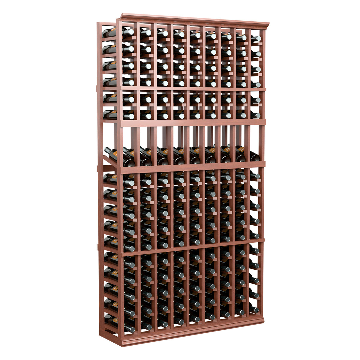 Front view of 9-column wine bottle display rack with warm wood frame and bottles