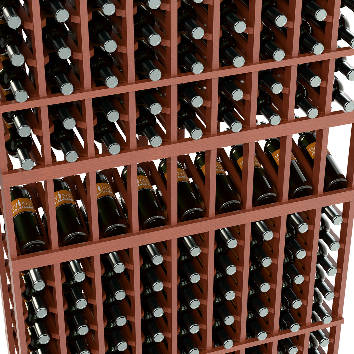 Warm wood wine bottle rack close-up showing bottle necks in grid rows