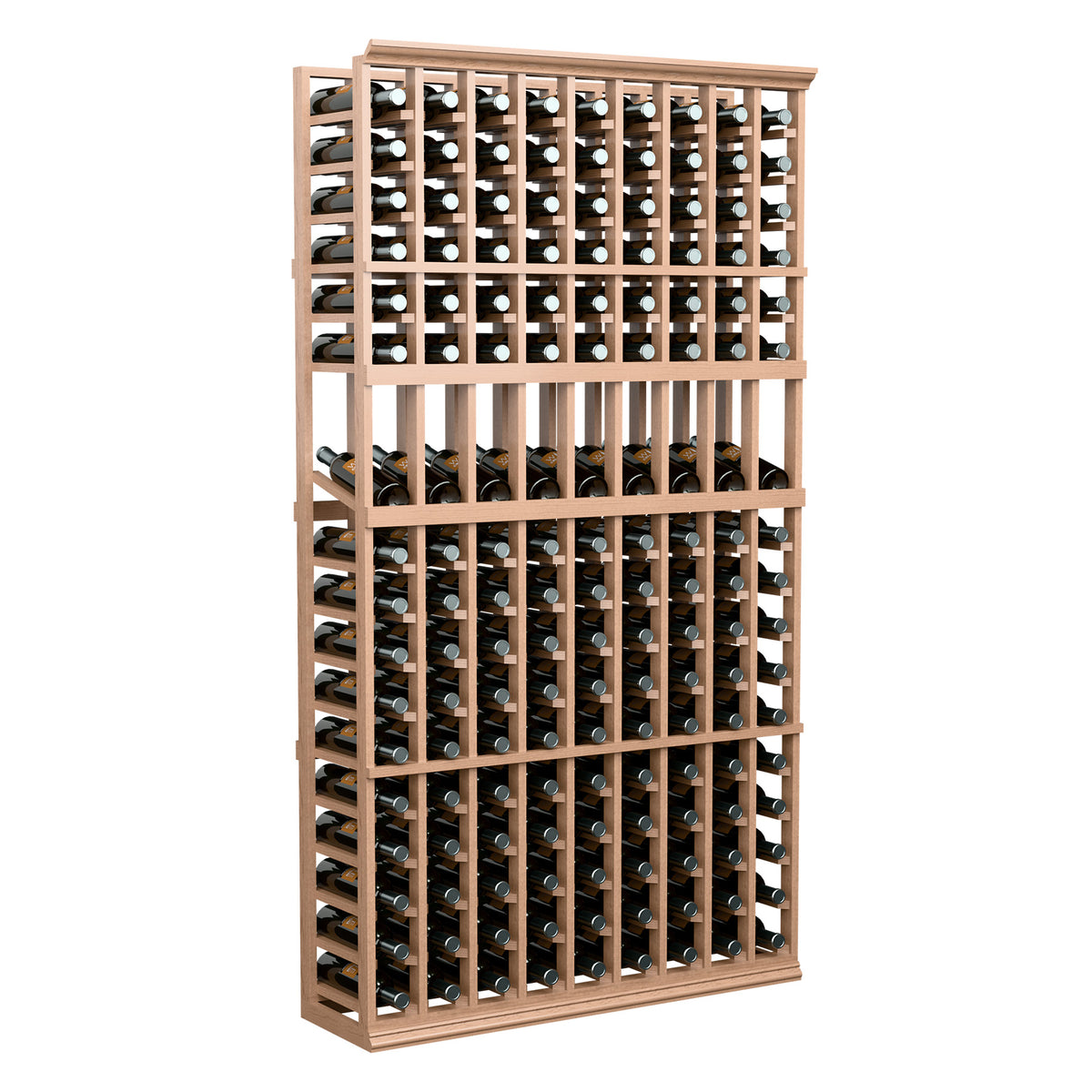 Light wood 9-column wine bottle display rack with front loading rows